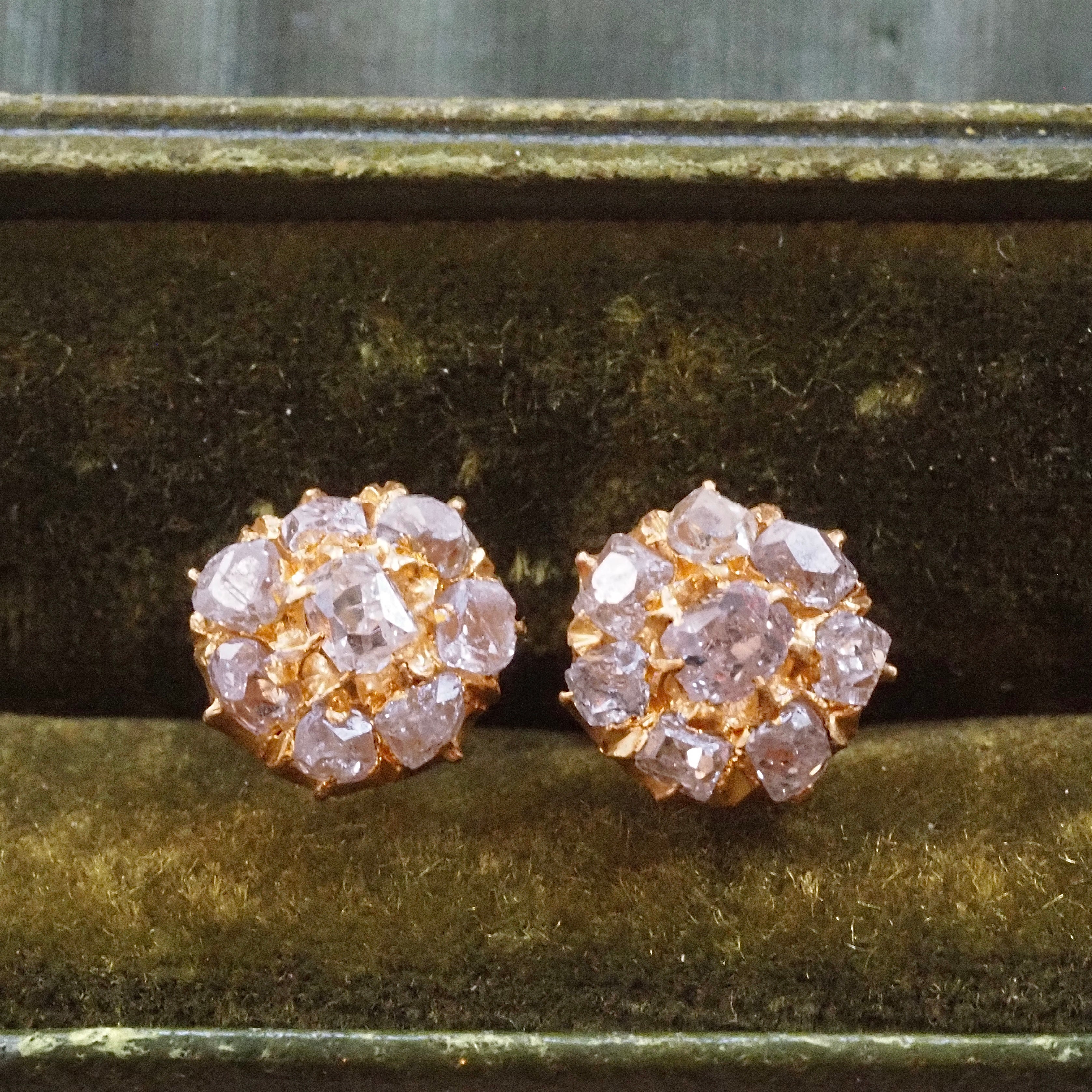 Antique Victorian 22k Gold Old Mine Cut Diamond Cluster Threaded Post Earrings