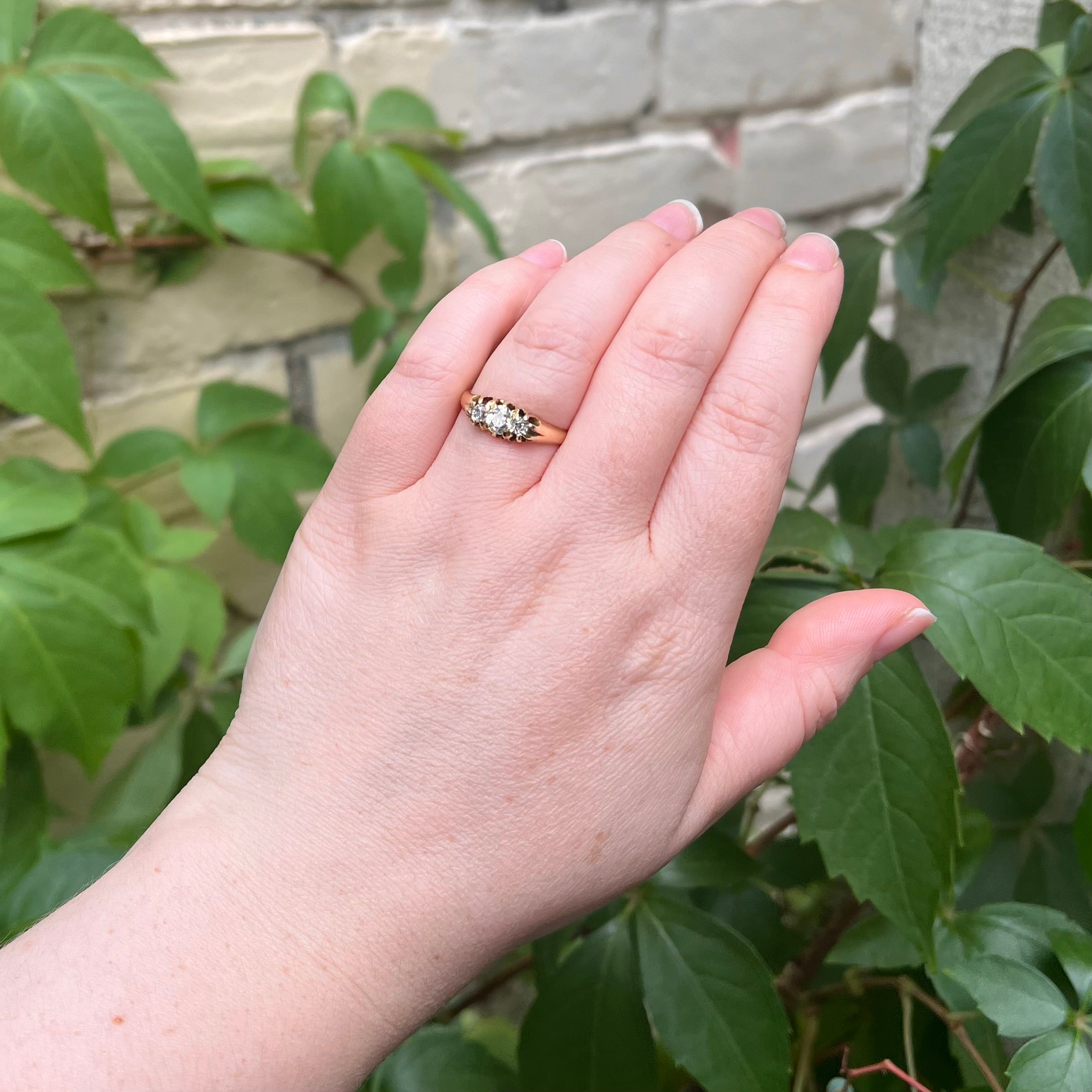 Antique English c.1905 Old Mine Cut Diamond Trilogy 18k Gold Ring