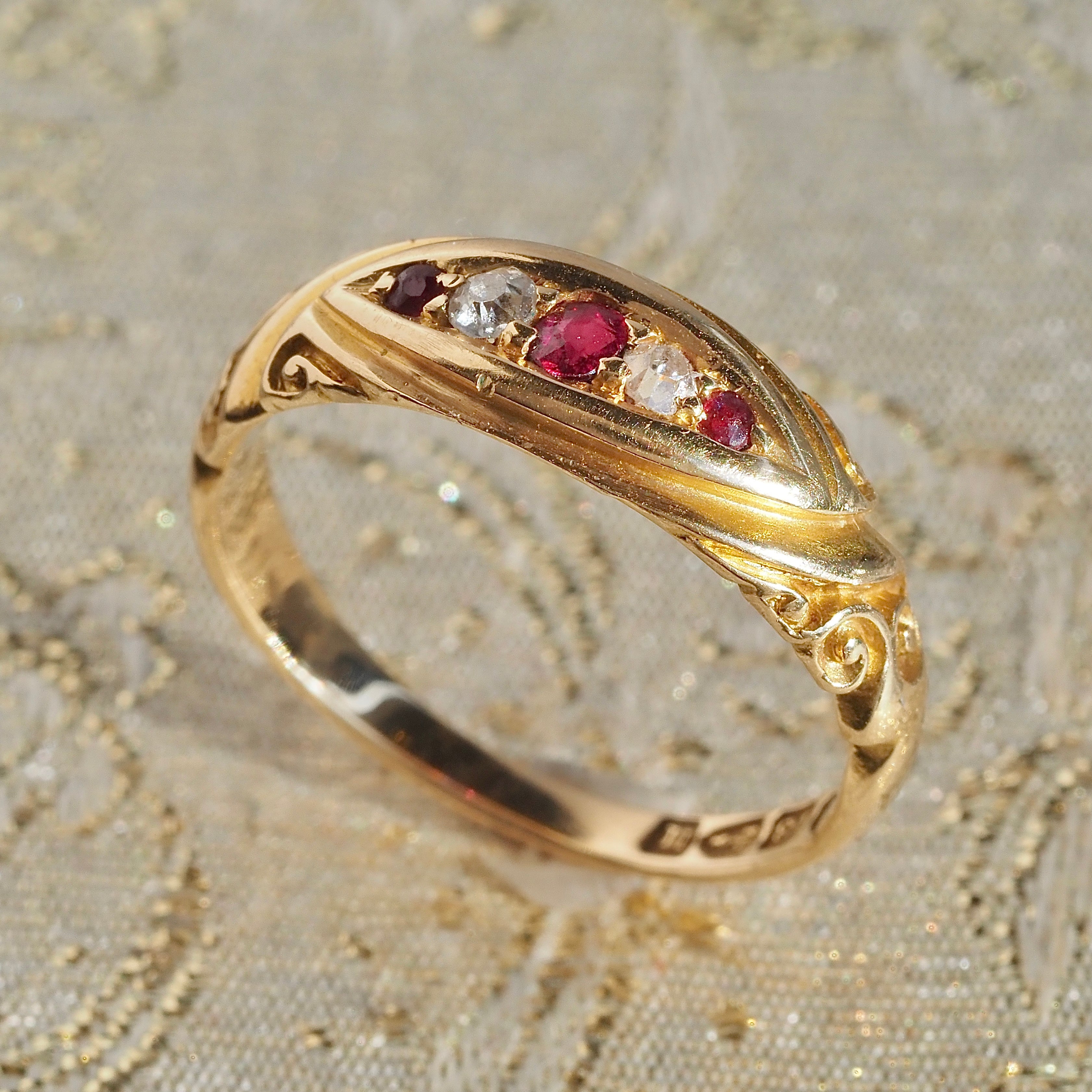 Antique English c. 1895 Old Mine Cut Diamond and Ruby 18k Gold Boat Ring