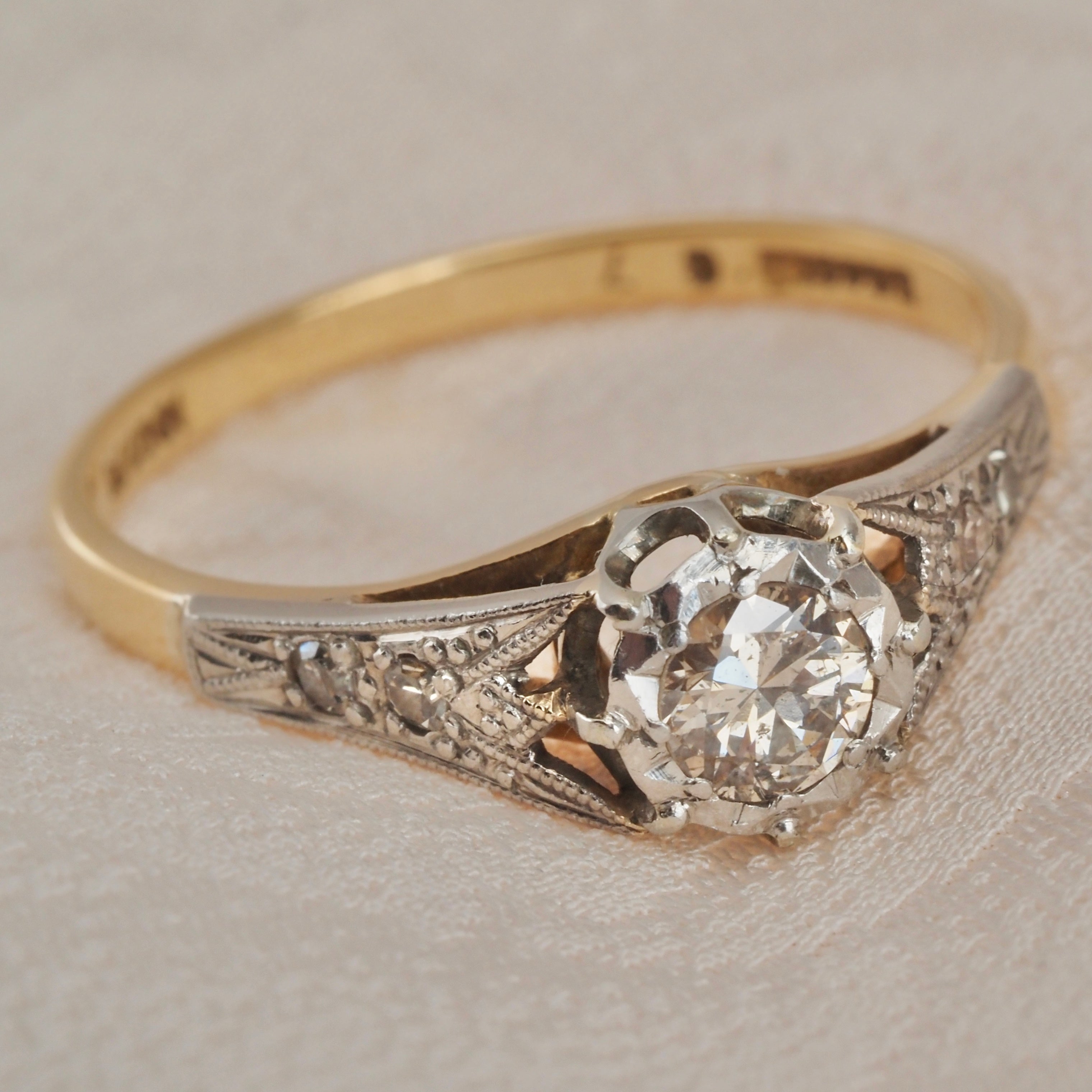 Antique Edwardian 18k White and Yellow Gold Transitional Cut Diamond Solitaire Engagement Ring