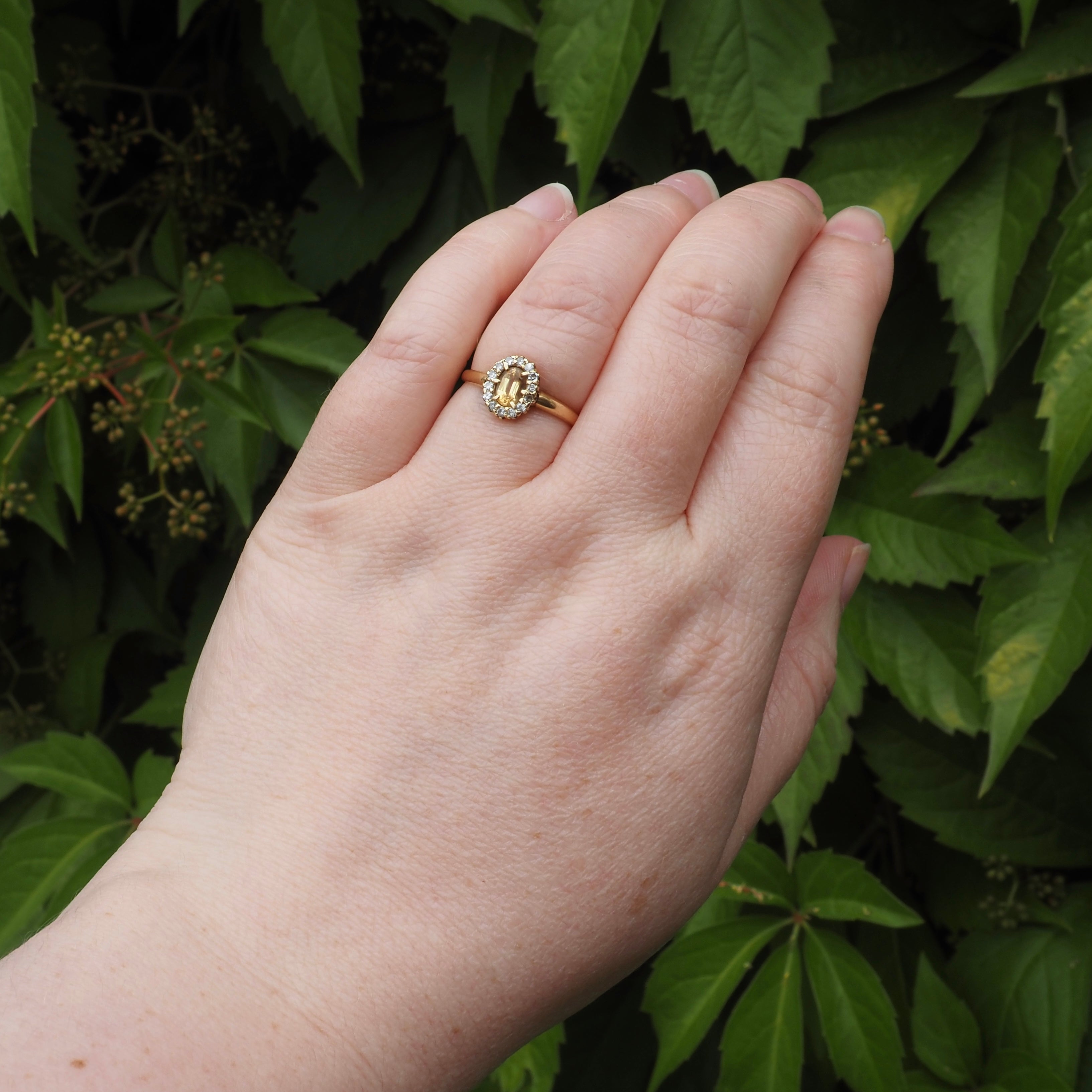 Antique Yellow Topaz and Diamond Halo 18k Gold Ring
