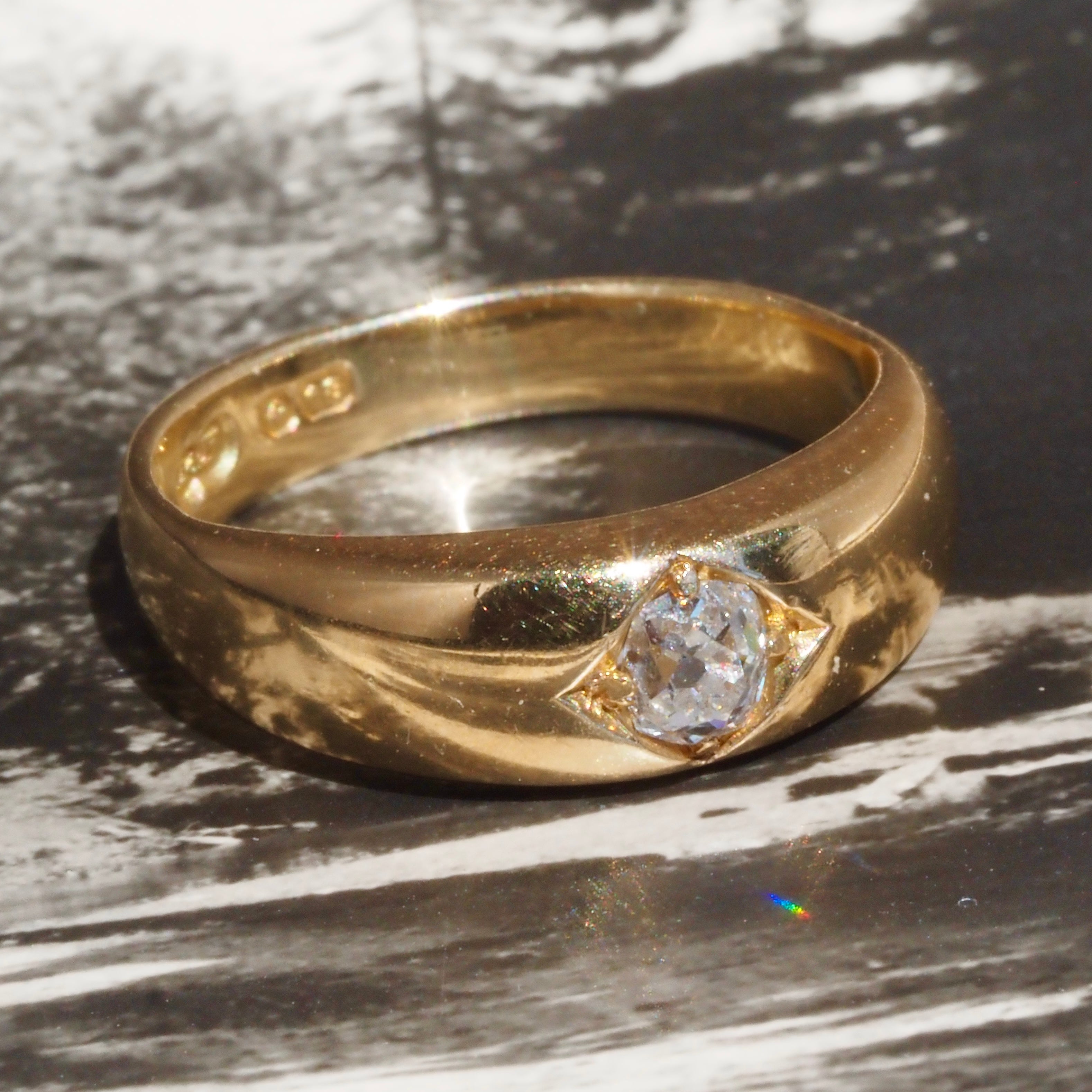 Antique English Cushion Old Mine Cut Diamond Flush Set 18k Gold Engagement Ring