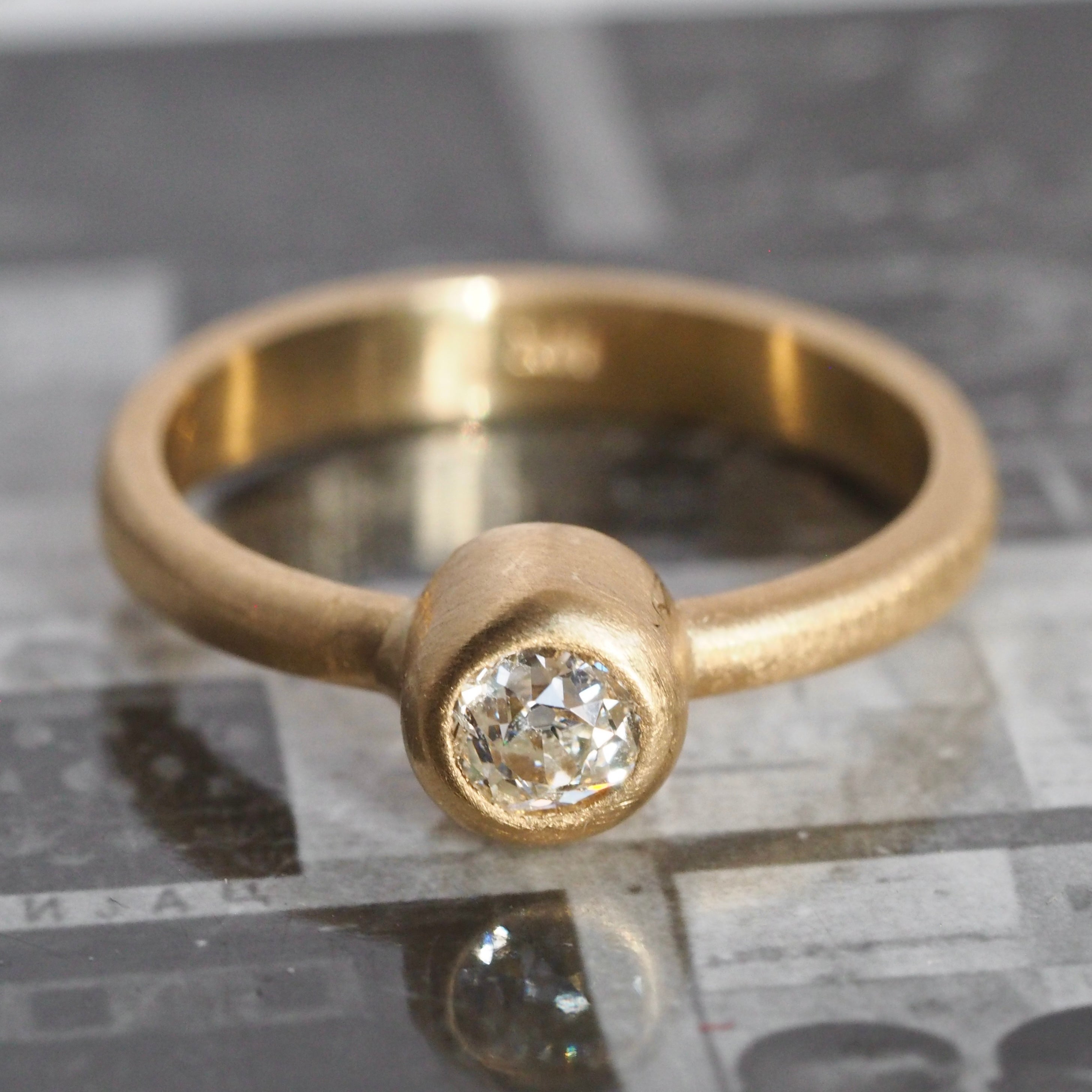 Brushed 18k Gold Old Mine Cut Diamond Bezel Set Ring
