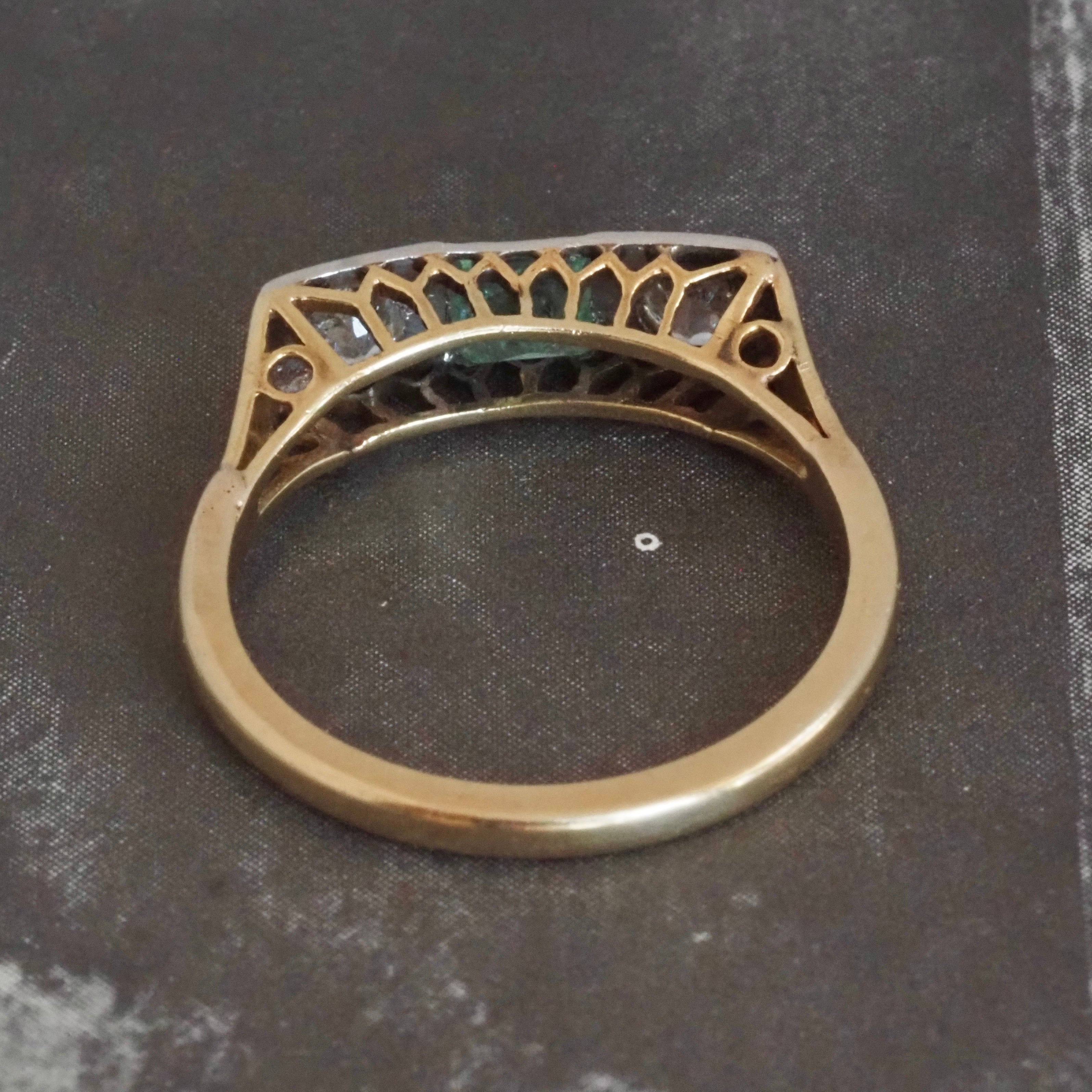 Antique Art Deco Trilogy Emerald and Old European Cut Diamond 14k Gold Ring