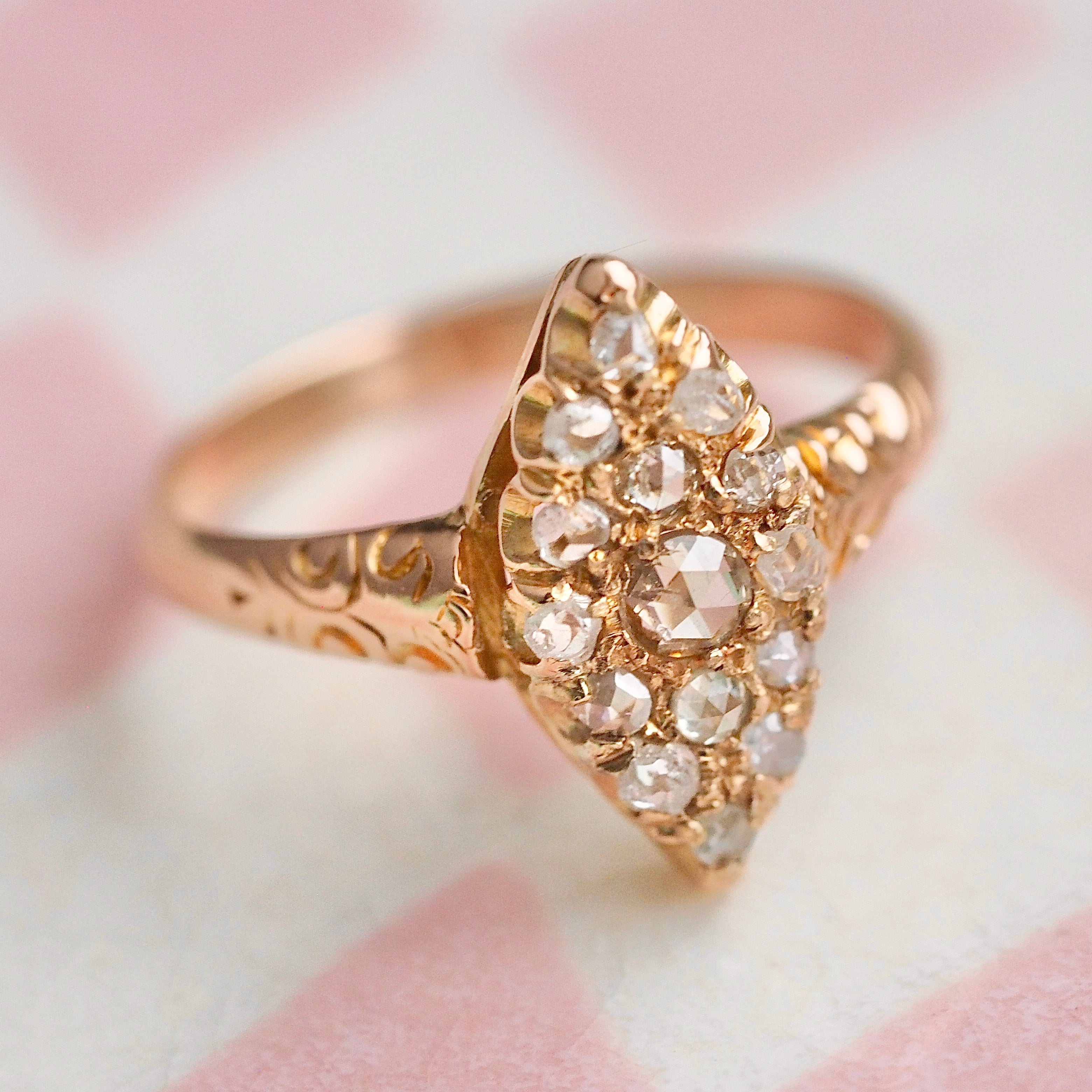 Antique English 18k Gold Rose Cut Diamond Navette Ring