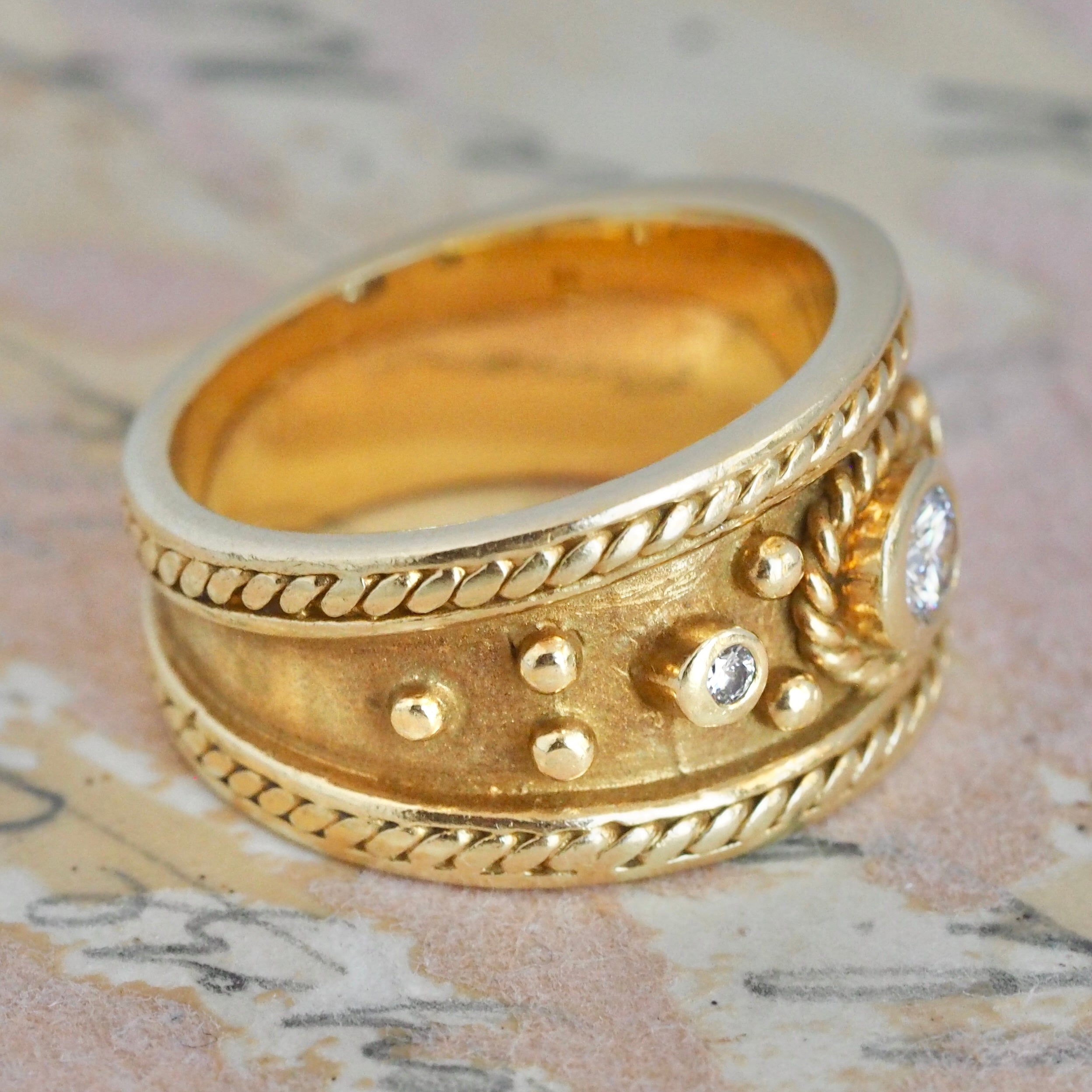 Vintage Etruscan Style 18k Gold Diamond Thick Band