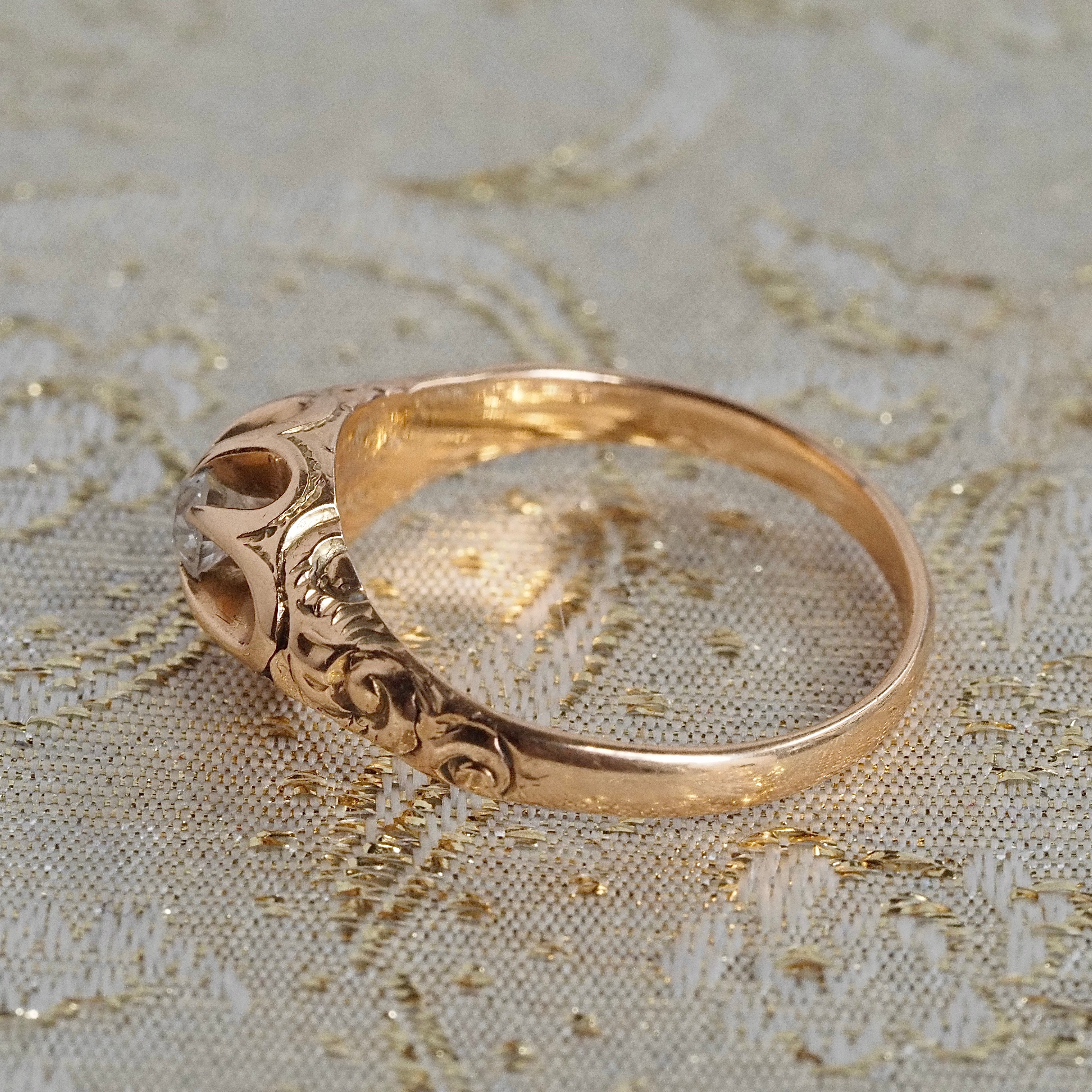 Antique Old European Cut Diamond 14k Gold Engraved Belcher Set Engagement Ring
