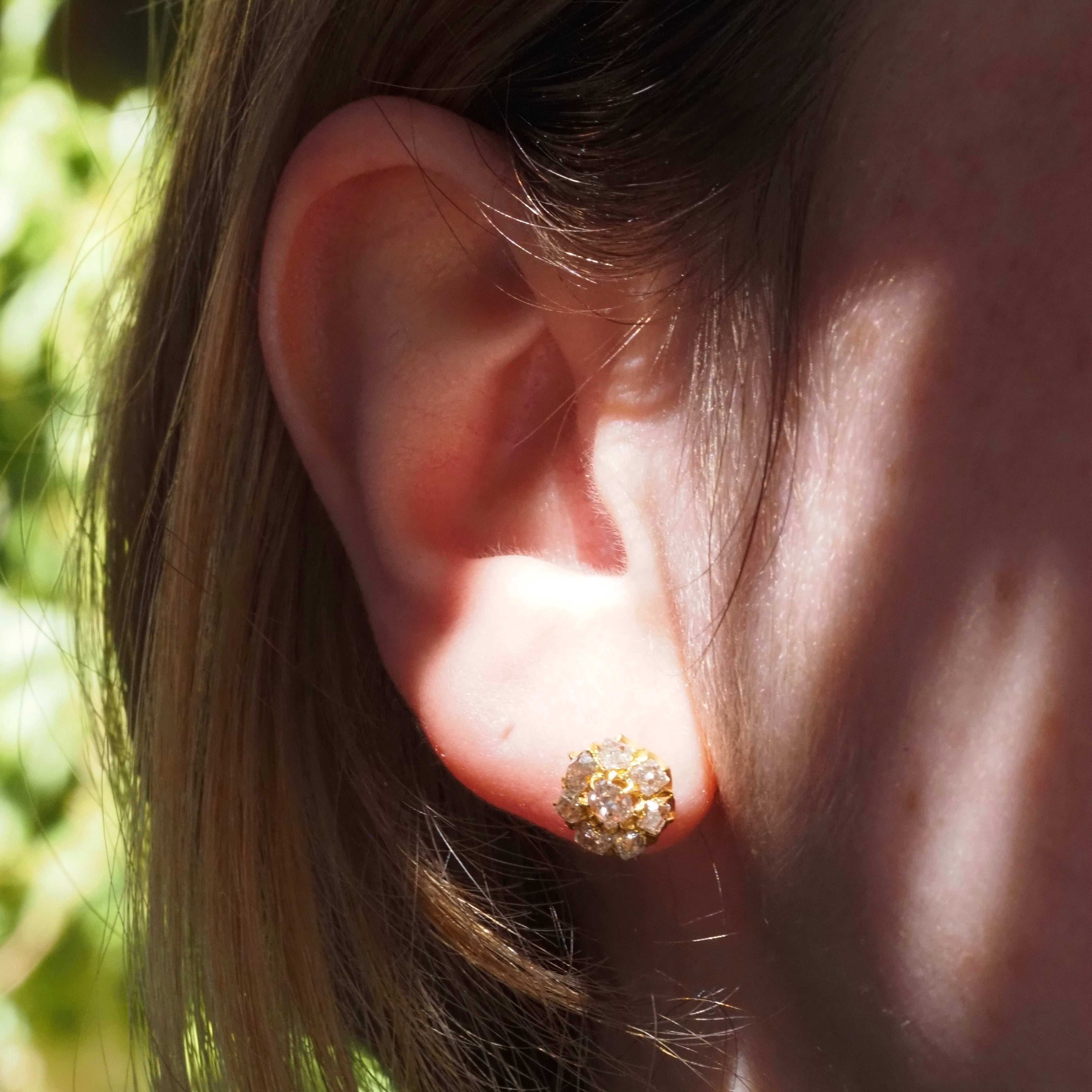 Antique Victorian 22k Gold Old Mine Cut Diamond Cluster Threaded Post Earrings