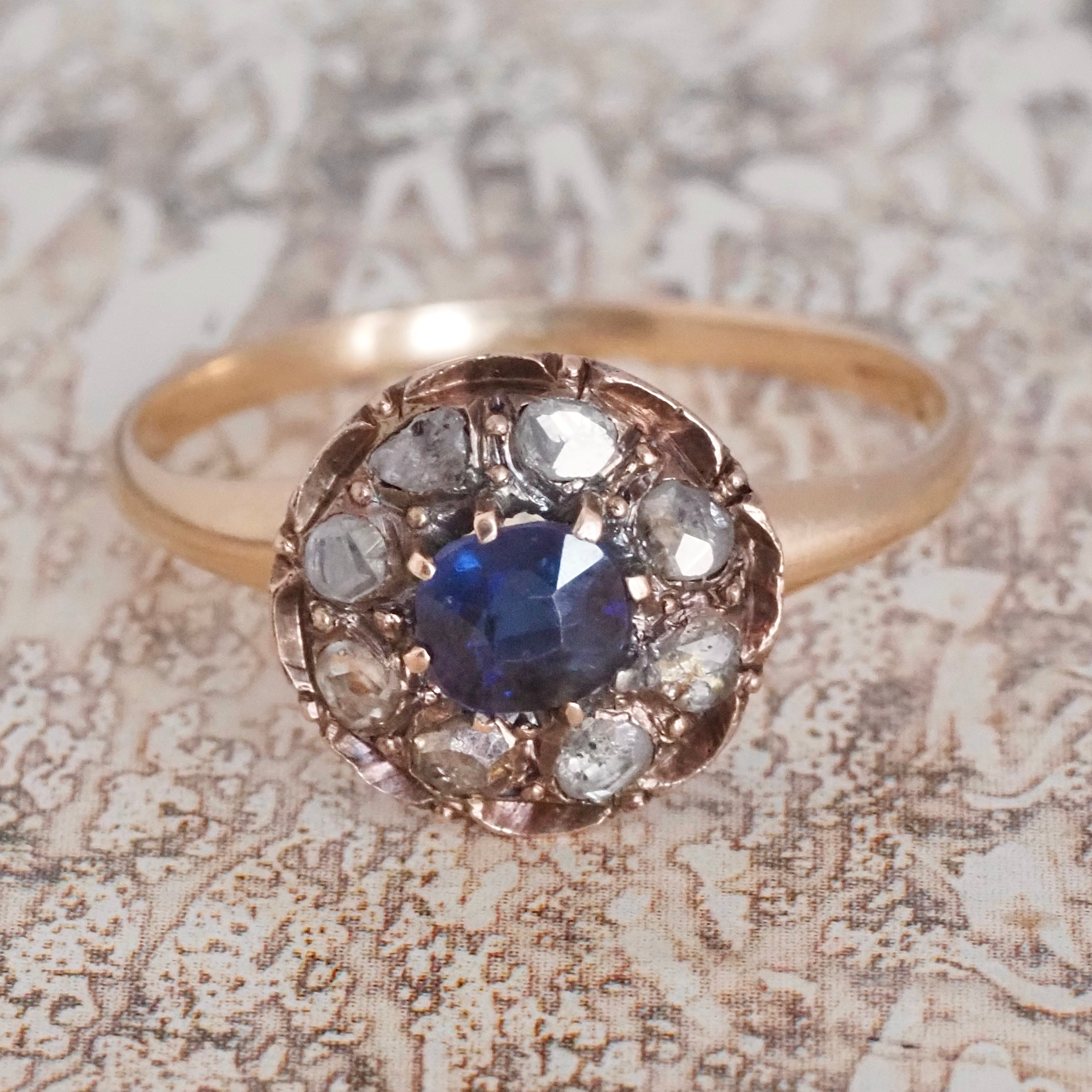 Antique Victorian Natural Sapphire and Rose Cut Diamond Halo 14k Gold Ring