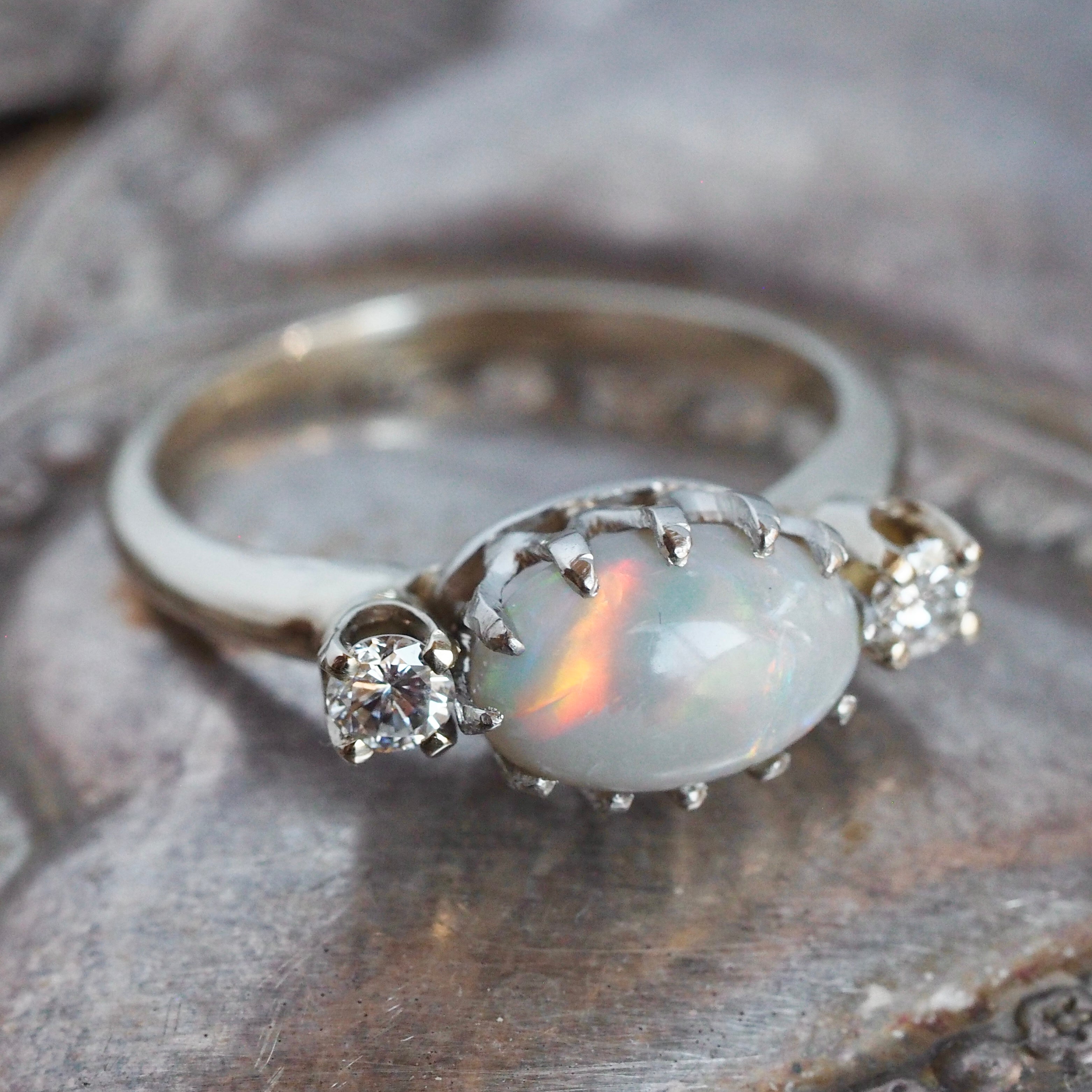 Vintage 14k White Gold Opal and Diamond Ring