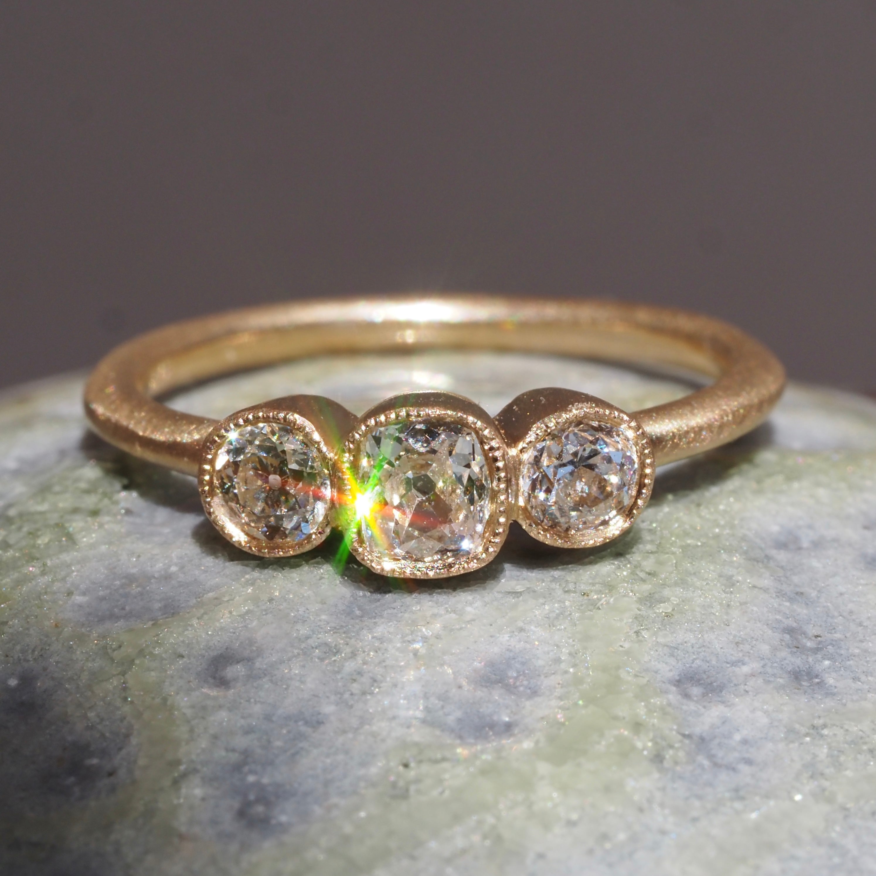 Old Mine Cut and Old European Cut Diamond Trilogy 14k Gold Engagement Ring