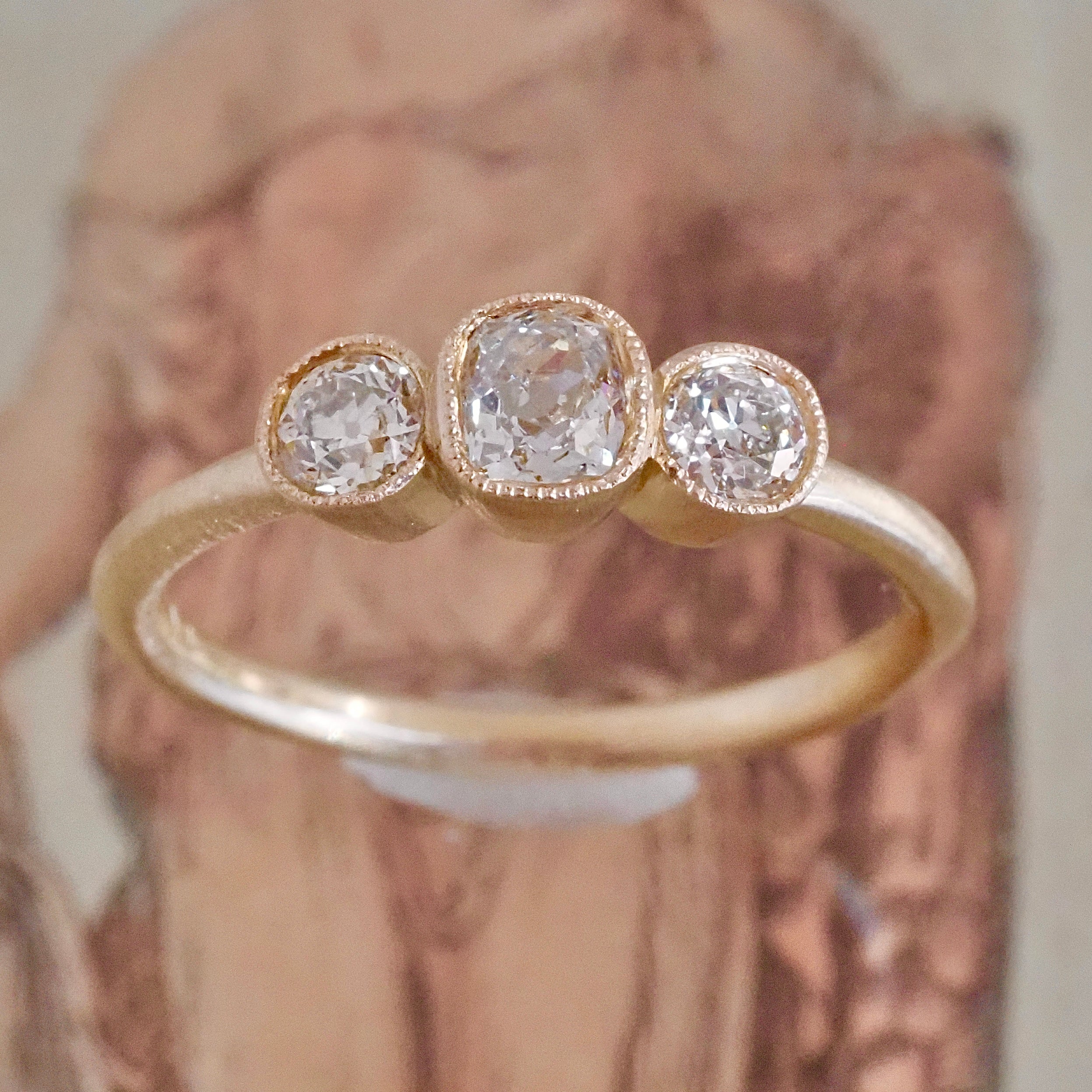 Old Mine Cut and Old European Cut Diamond Trilogy 14k Gold Engagement Ring