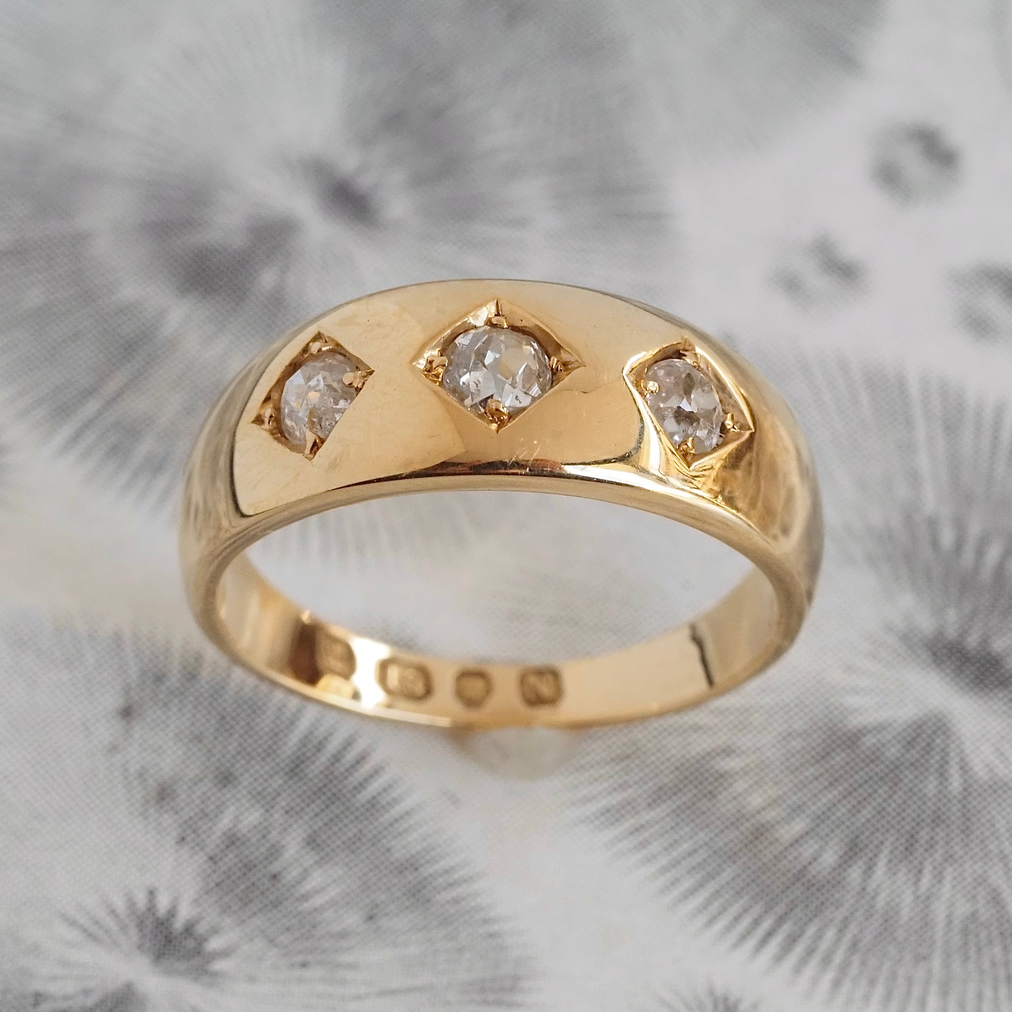 Antique c. 1888 English Flush Set Old Mine Cut Diamond Trilogy 18k Gold Ring