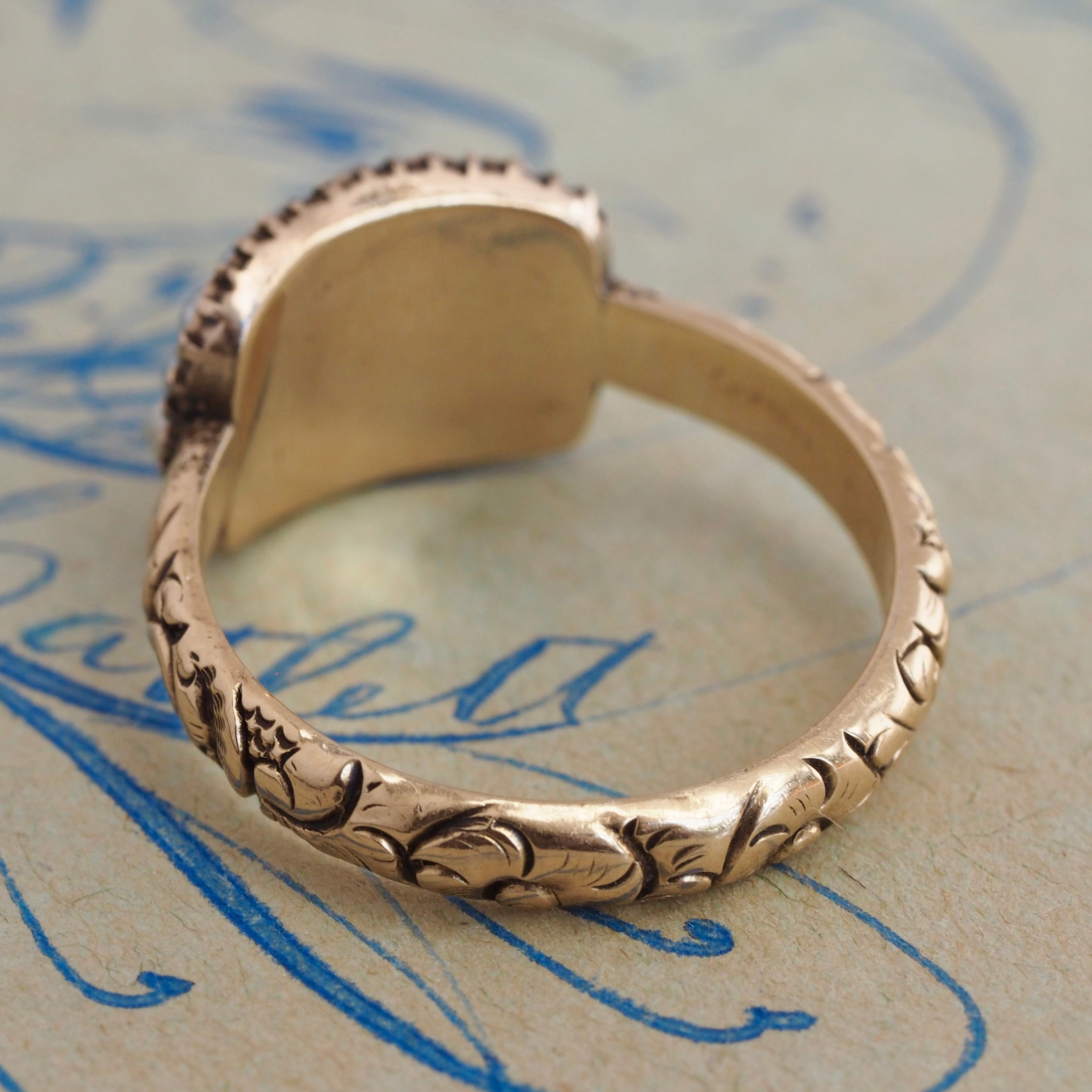 Antique Georgian 14k Gold Seed Pearl and Braided Hair Mourning Engraved Ring