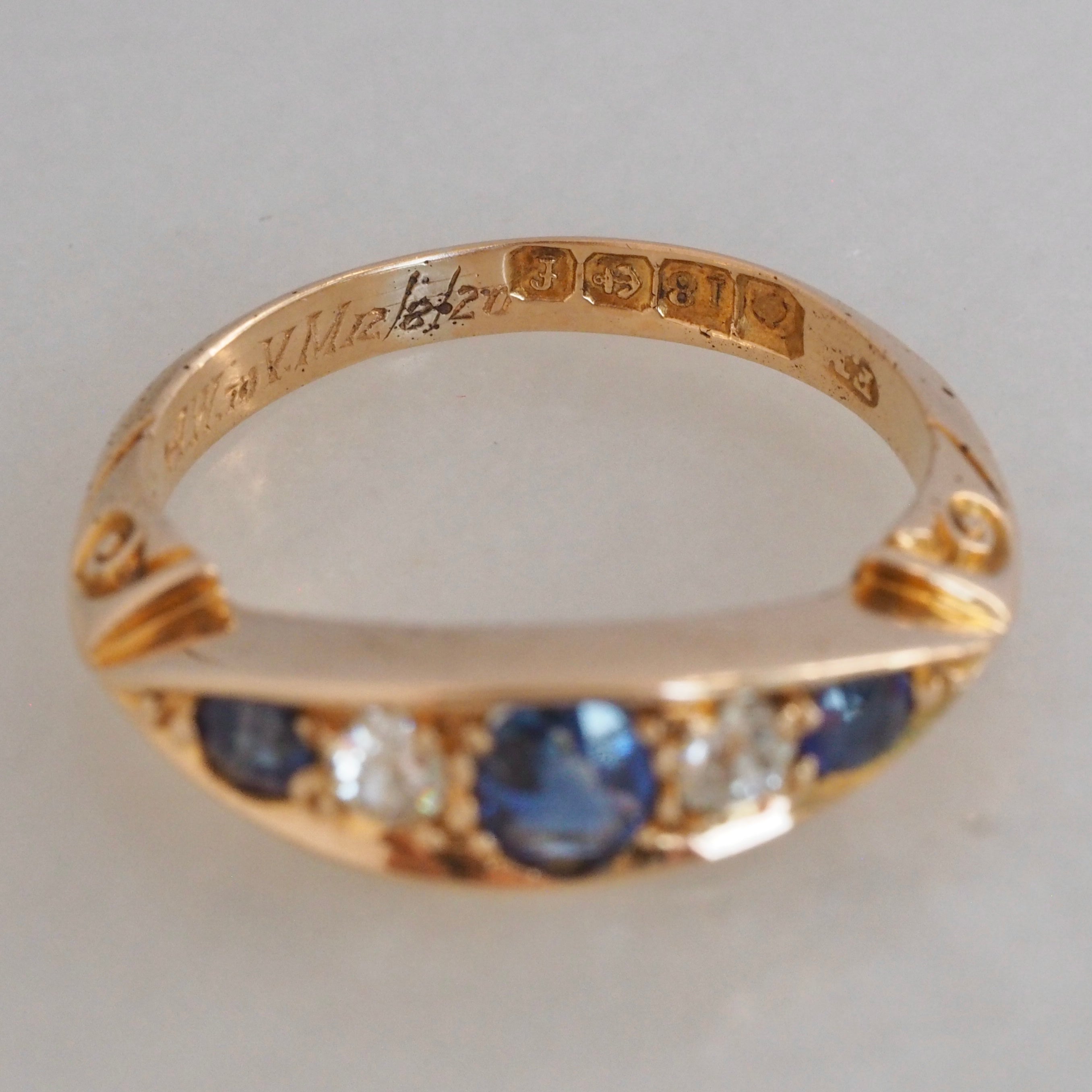 Antique Edwardian 18k Gold Sapphire and Old Mine Cut Diamond Five Stone Boat Ring