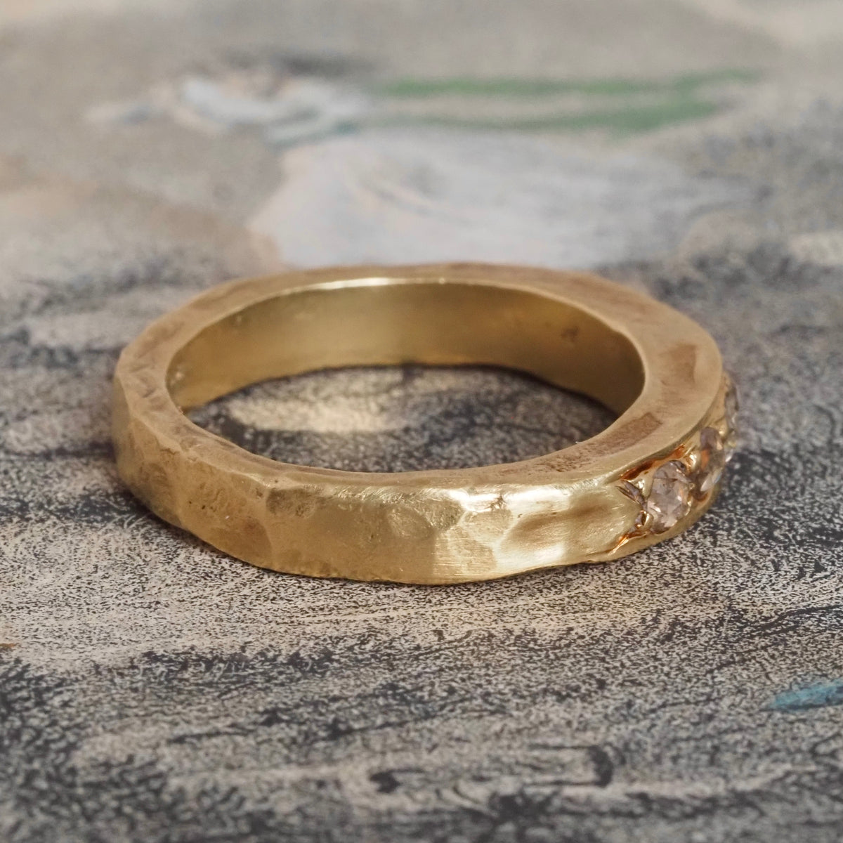 Rose Cut Diamond 18k Gold Hammered Half Eternity Band