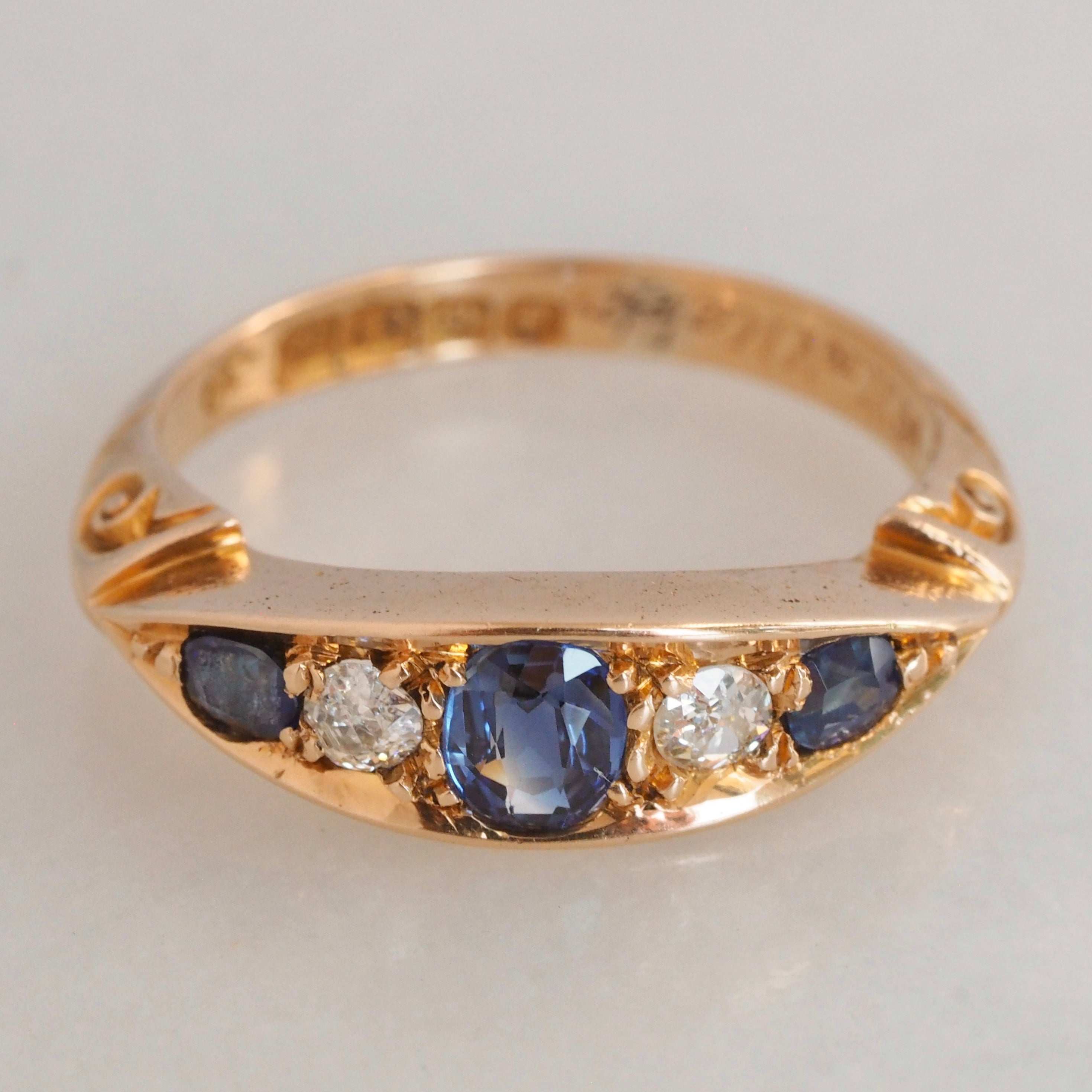 Antique Edwardian 18k Gold Sapphire and Old Mine Cut Diamond Five Stone Boat Ring