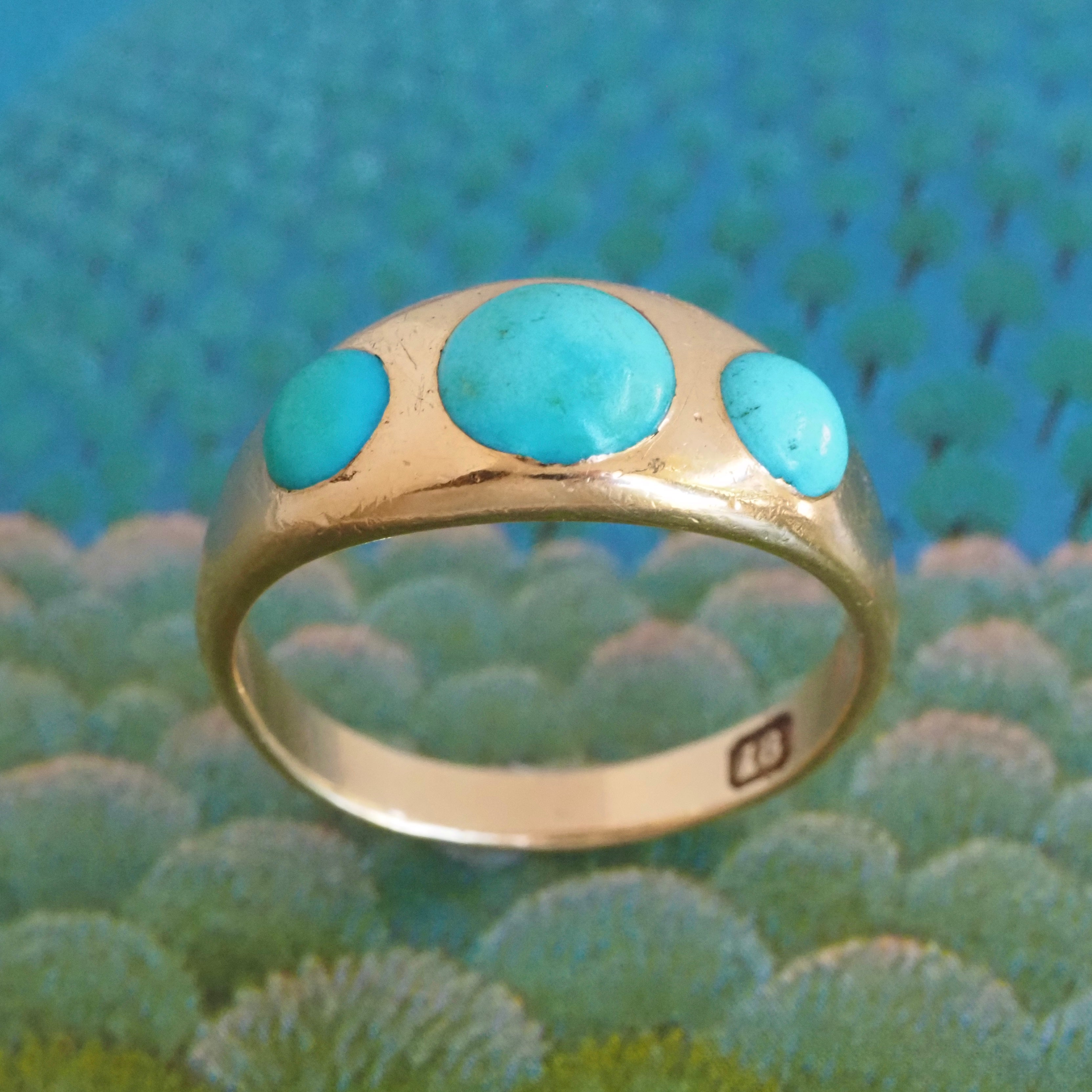 Antique Victorian Turquoise Flush Set Trilogy 18k Gold Ring