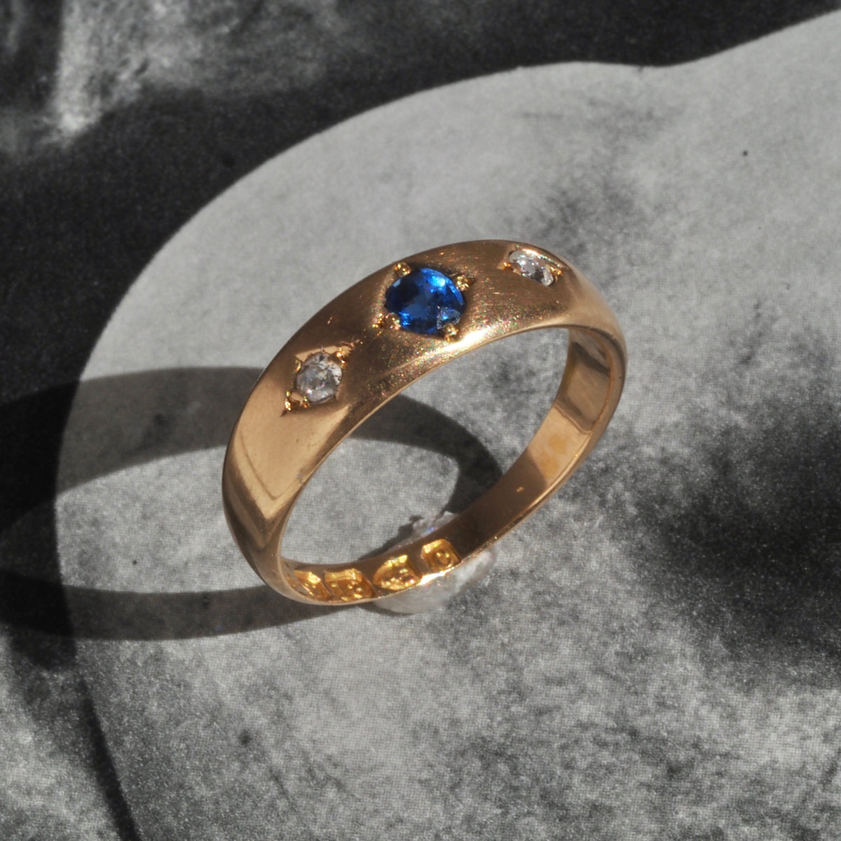 Antique English c. 1886 Sapphire and Diamond Flush Set Trilogy Ring