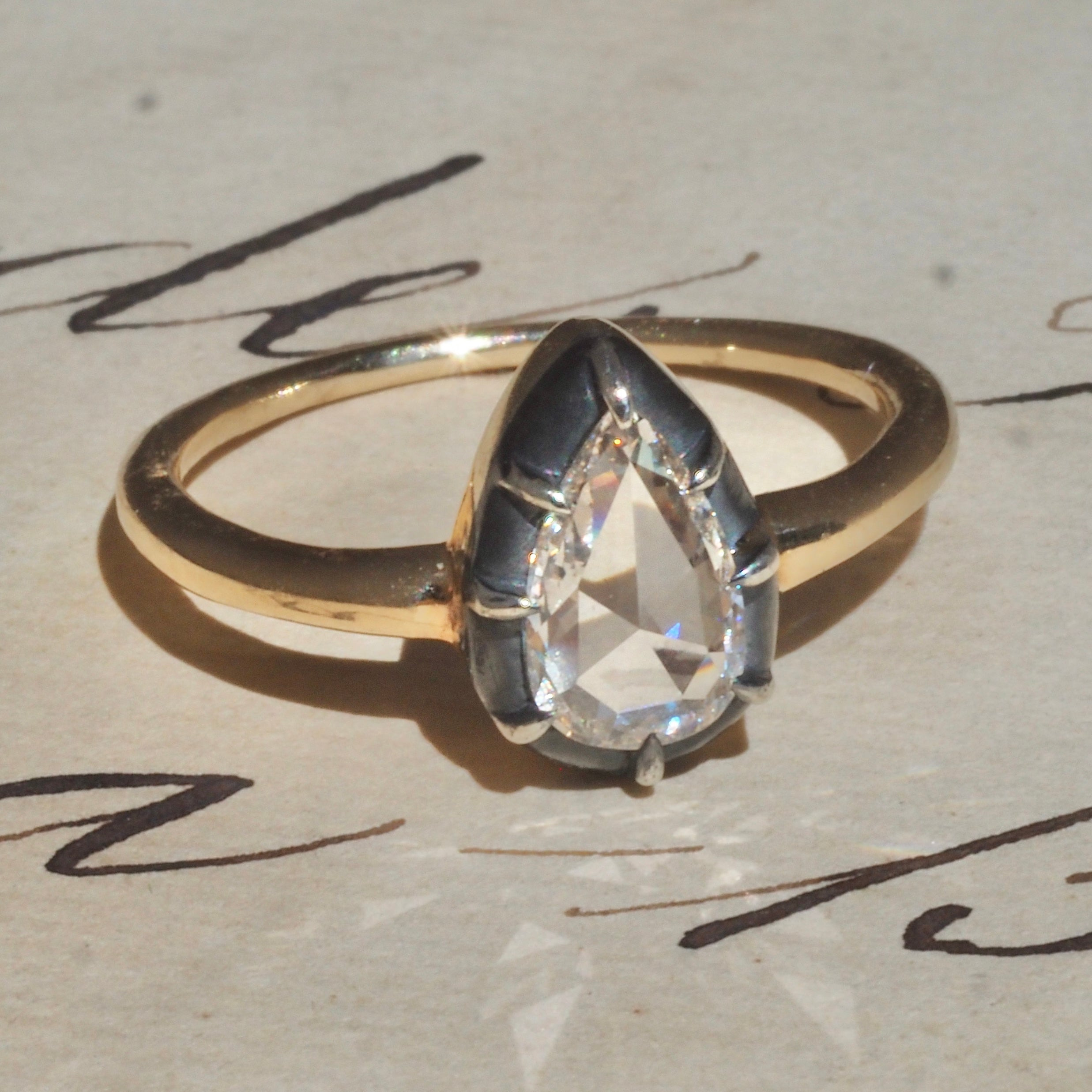 Georgian Style Pear Rose Cut Diamond 14k Gold and Sterling Silver Solitaire Engagement Ring
