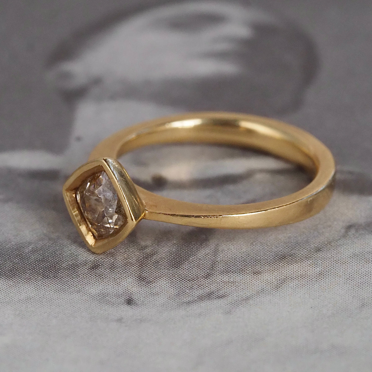 Light Brown Peruzzi Cut Diamond 18k Gold Engagement Ring