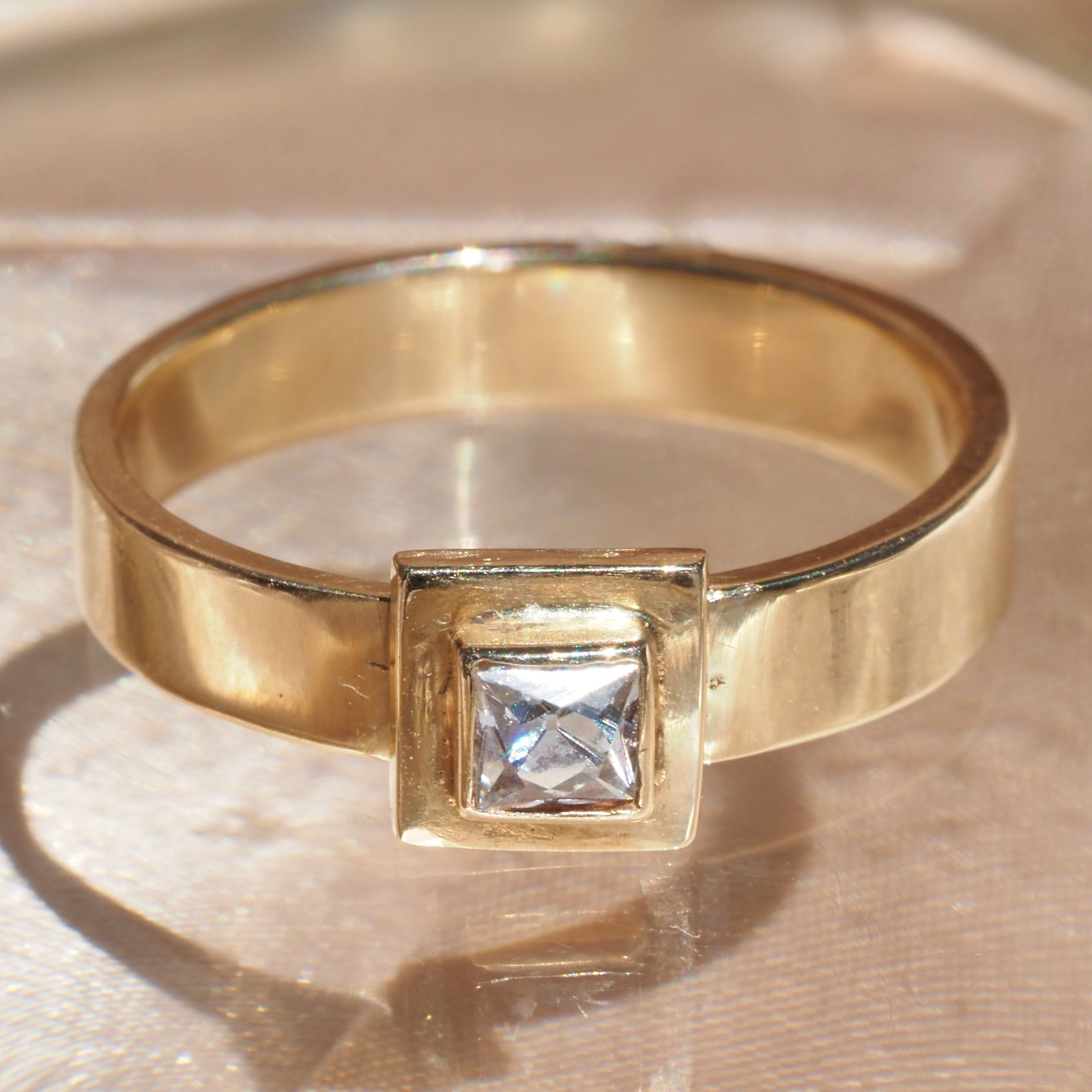 Vintage Square Bezel Set Peruzzi Diamond 14k Gold Solitaire Engagement Ring