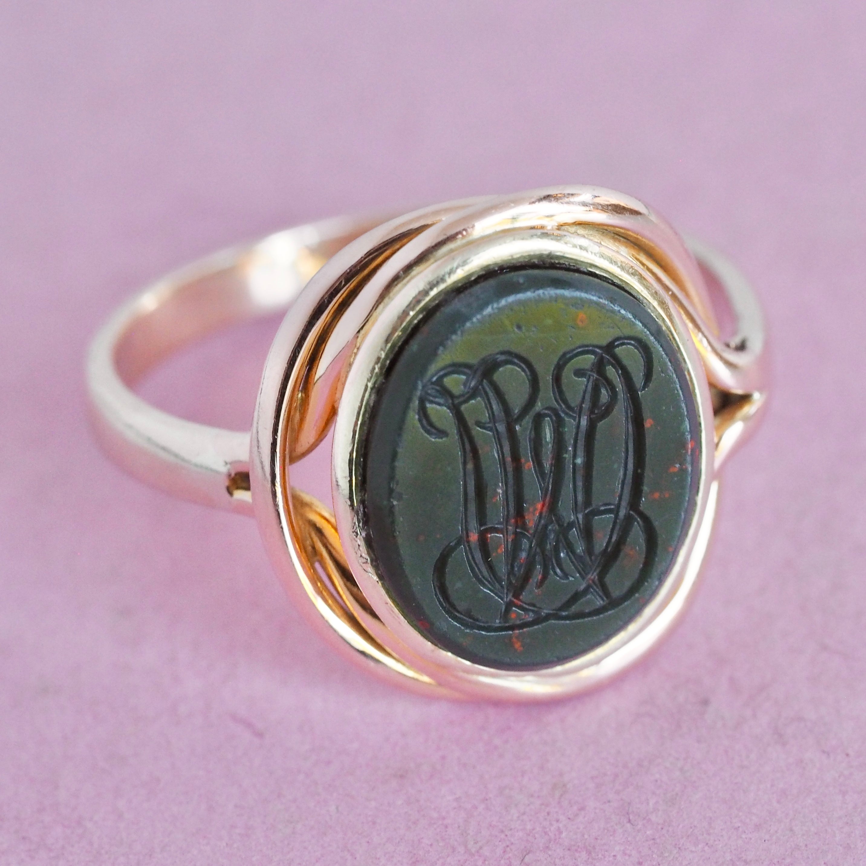 Antique Edwardian 14k Gold Bloodstone Intaglio Signet Ring