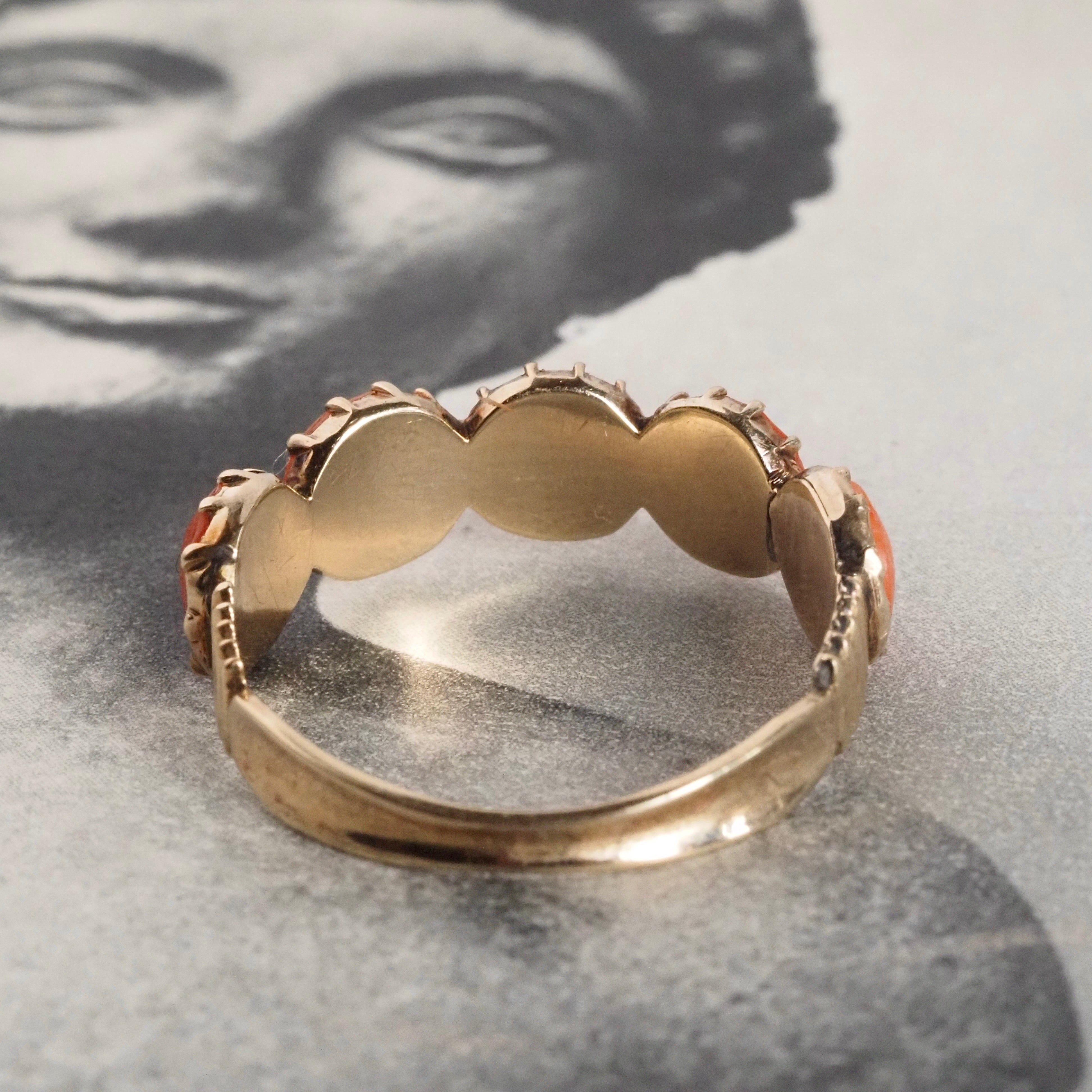 Antique Georgian Five Stone Coral 14k Gold Ring