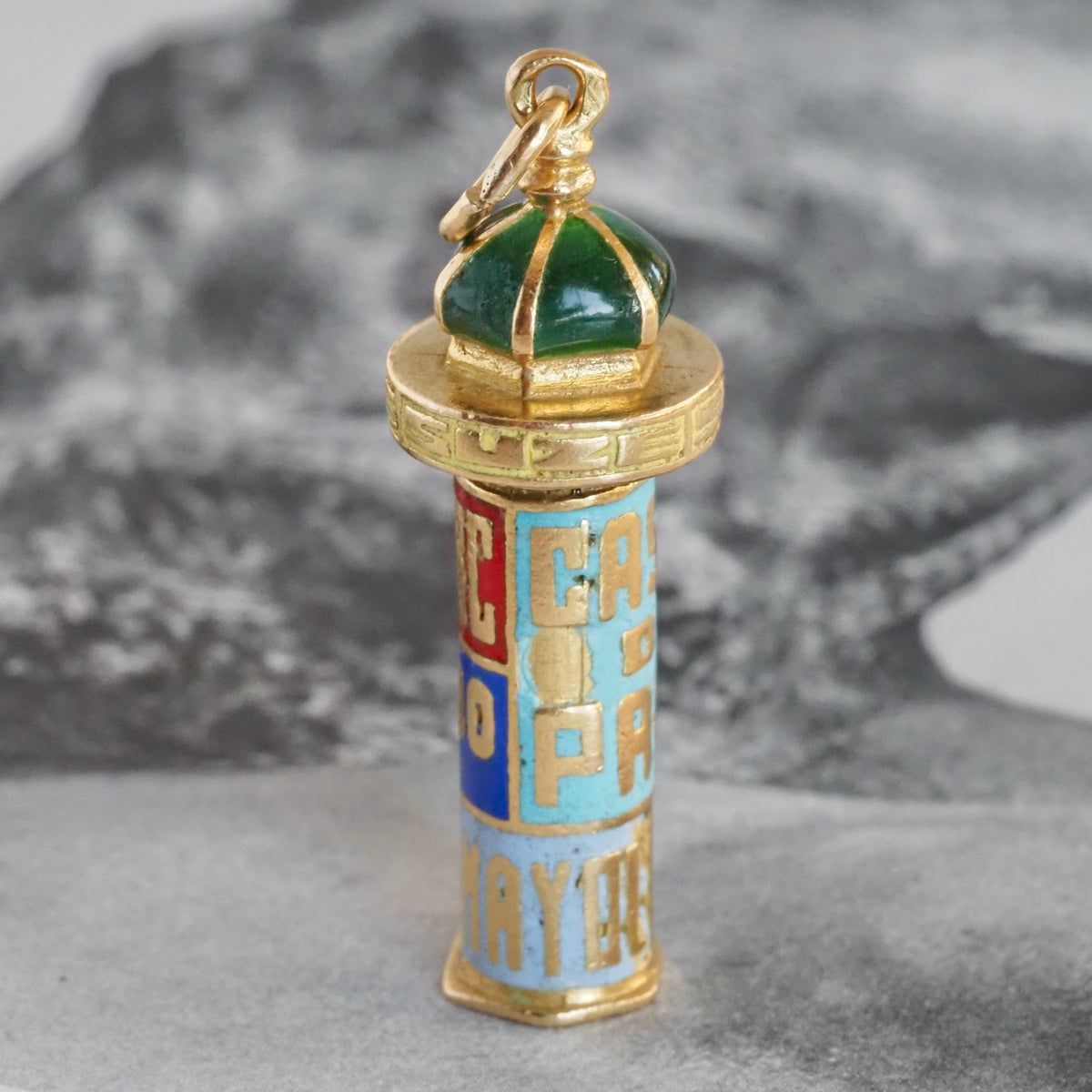 Vintage French Kiosque with Enamel Theater Posters 18k Gold Collectable Pendant