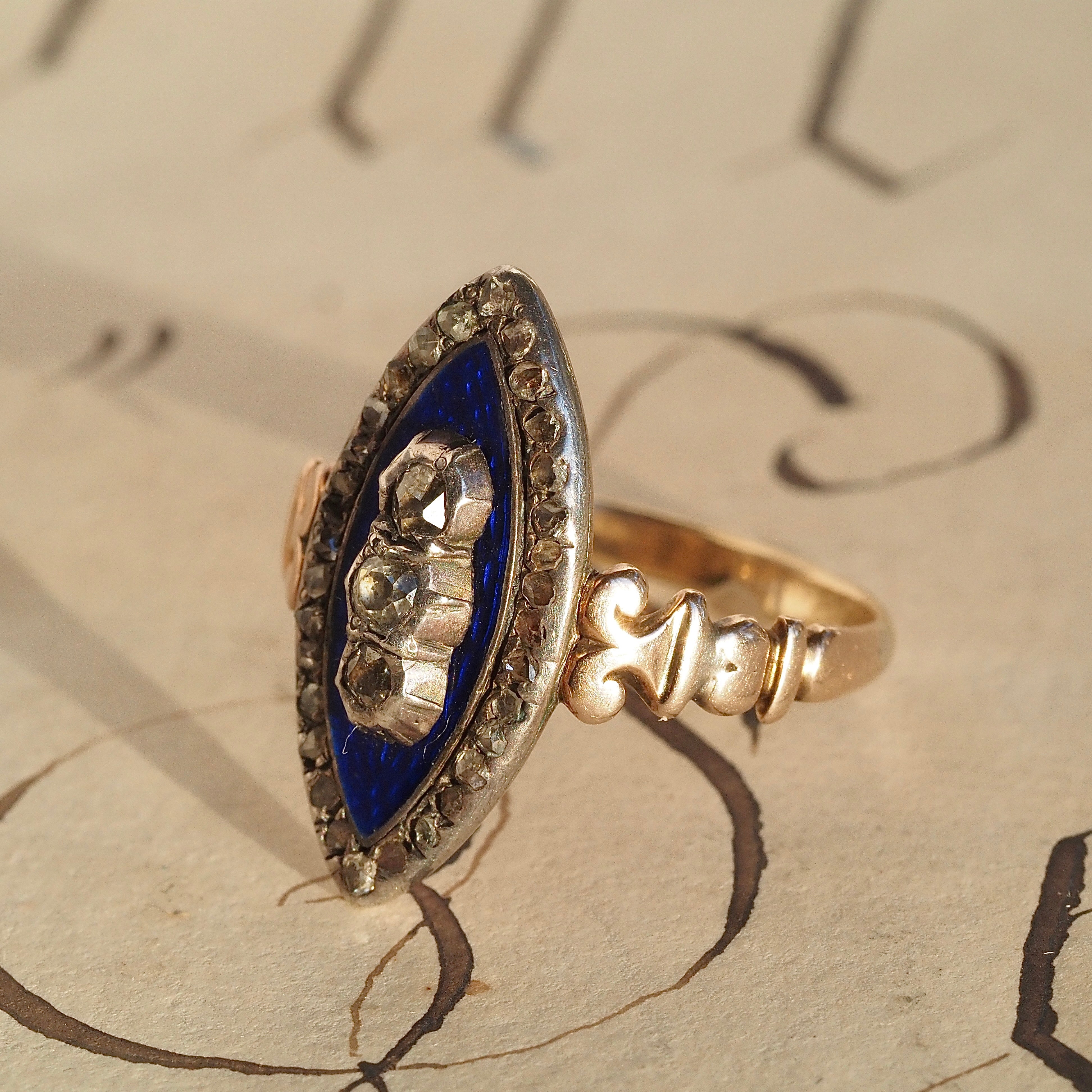 Antique Georgian "Bague au Firmament" Ring of the Heavens Rose Cut Diamond Midnight Enamel 15k Gold & Silver Navette Ring