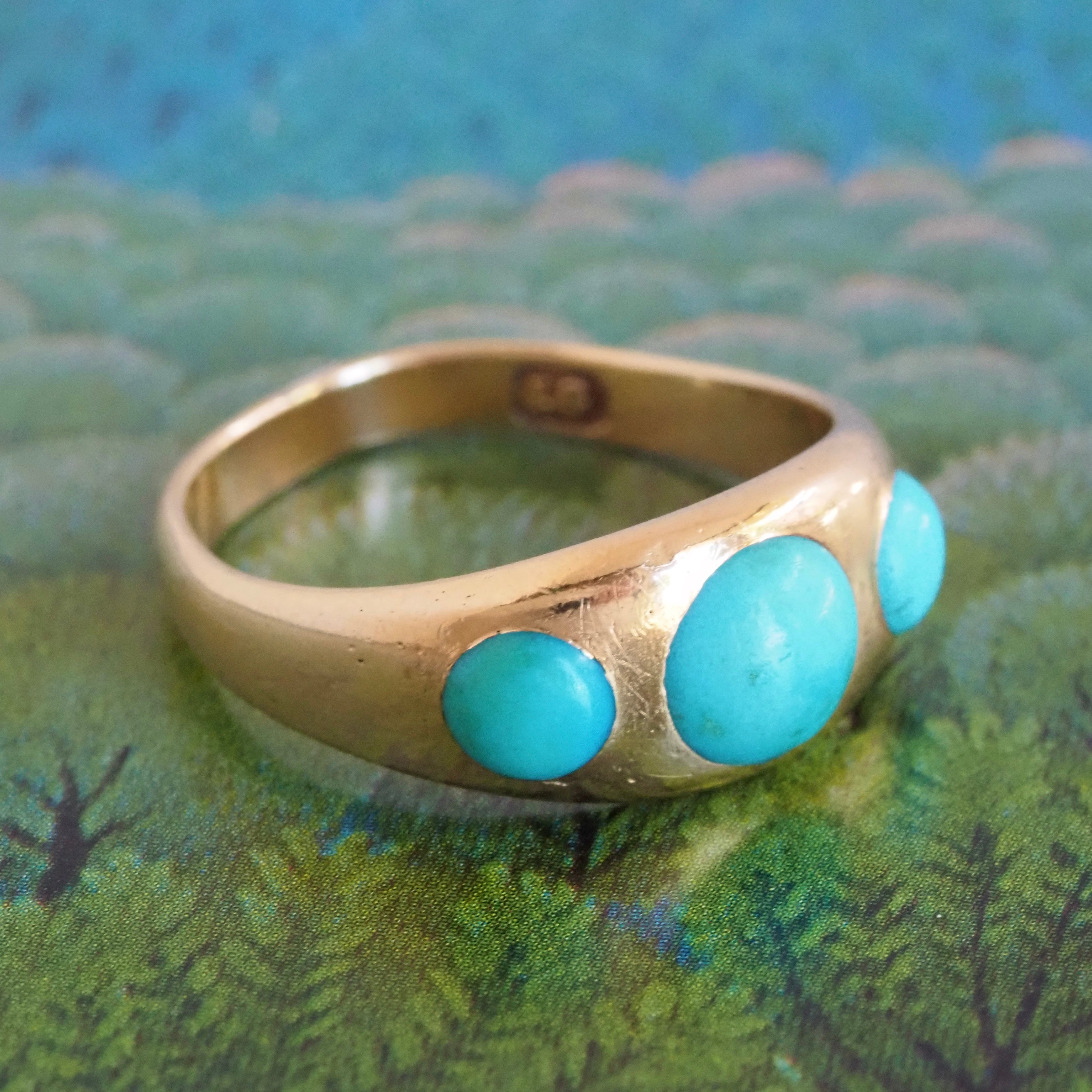 Antique Victorian Turquoise Flush Set Trilogy 18k Gold Ring