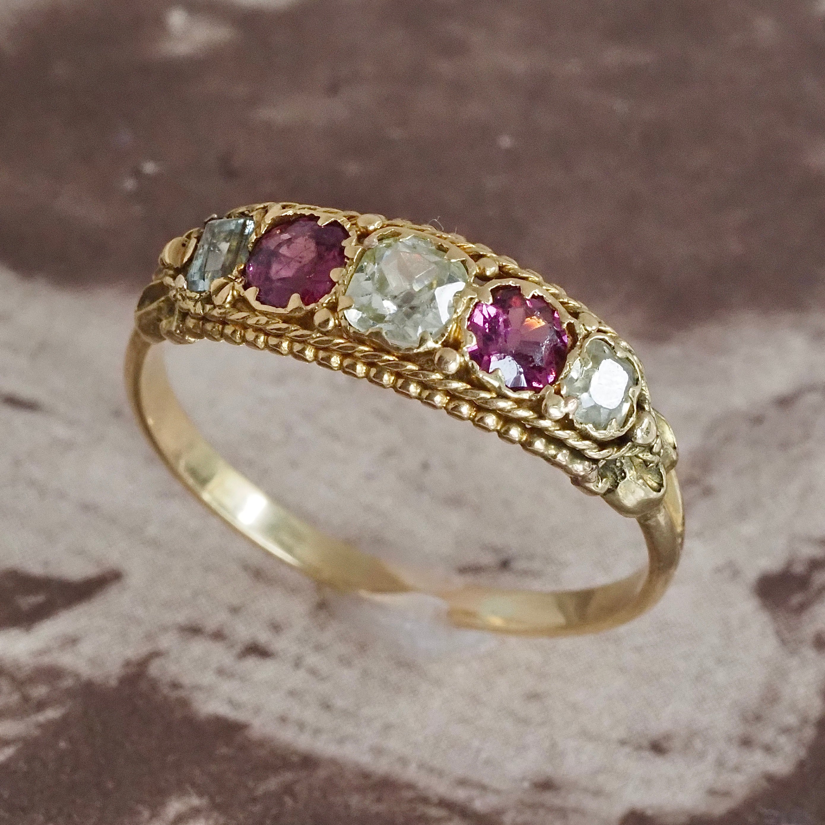Antique Victorian Five Stone Chrysoberyl Garnet Emerald 18k Gold Ring