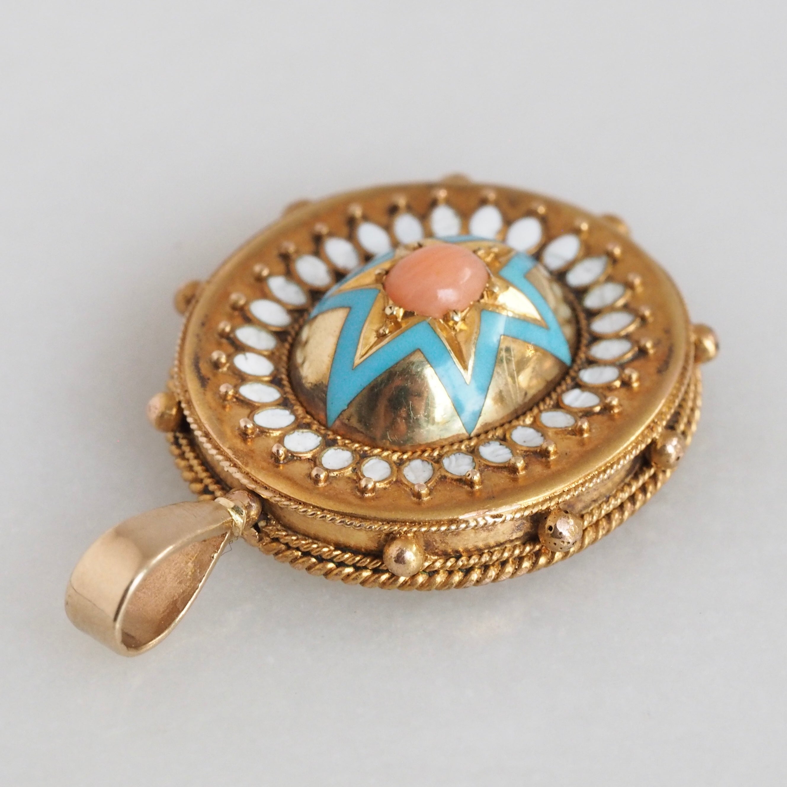 Antique Victorian 14k Gold Enamel and Coral Starburst Pendant