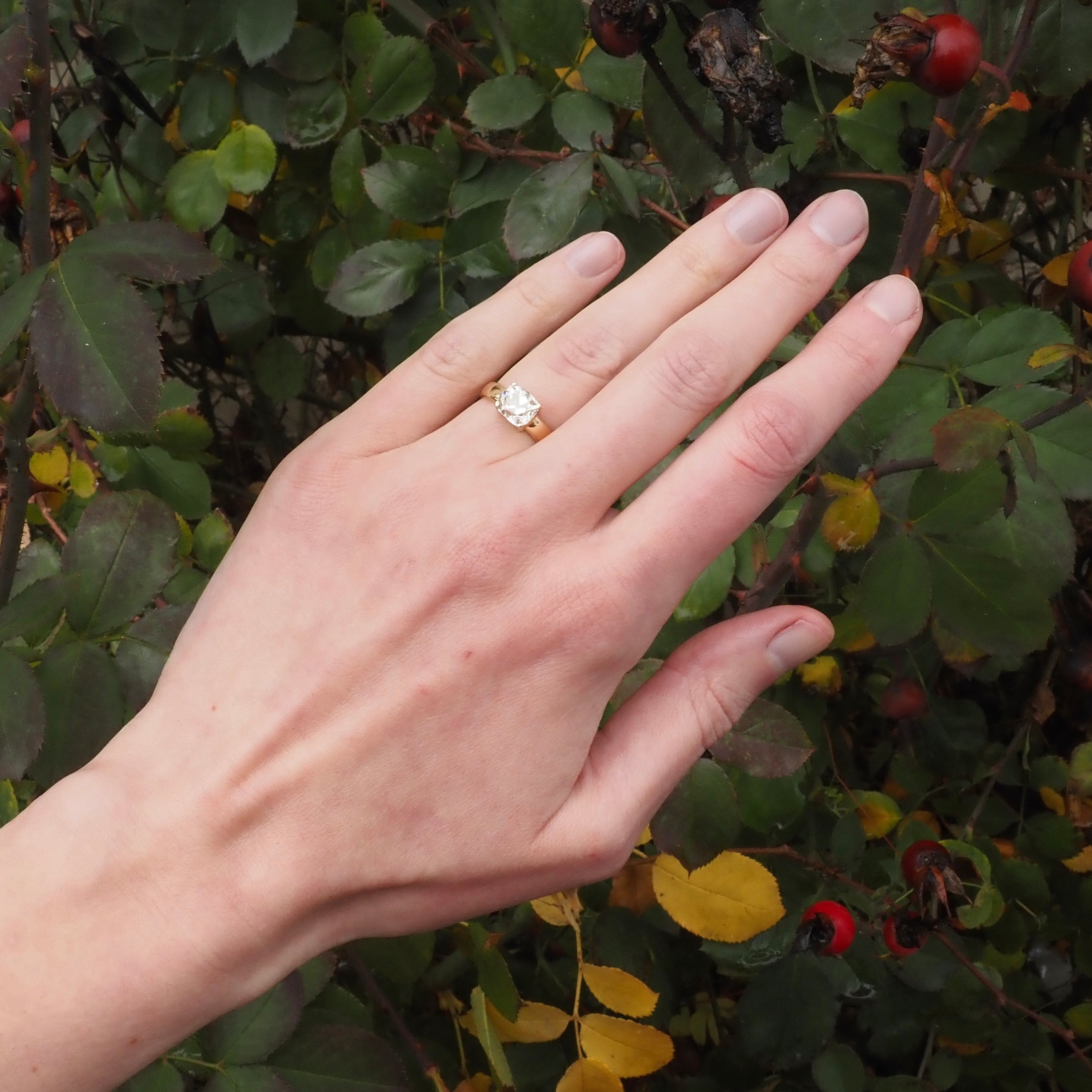 Antique 2ct Old Mine Cut Cushion Diamond in 14k Gold Engagement Ring