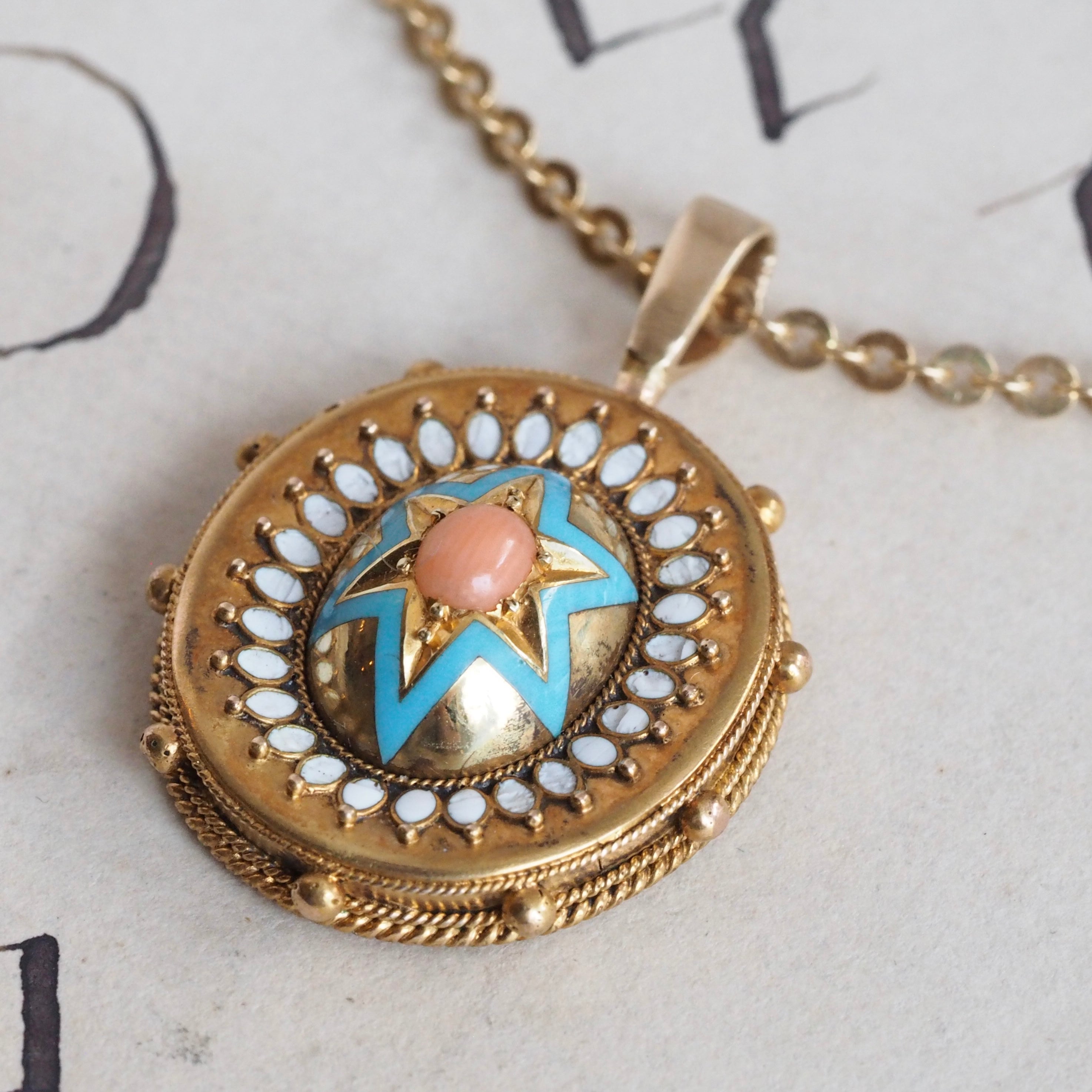 Antique Victorian 14k Gold Enamel and Coral Starburst Pendant