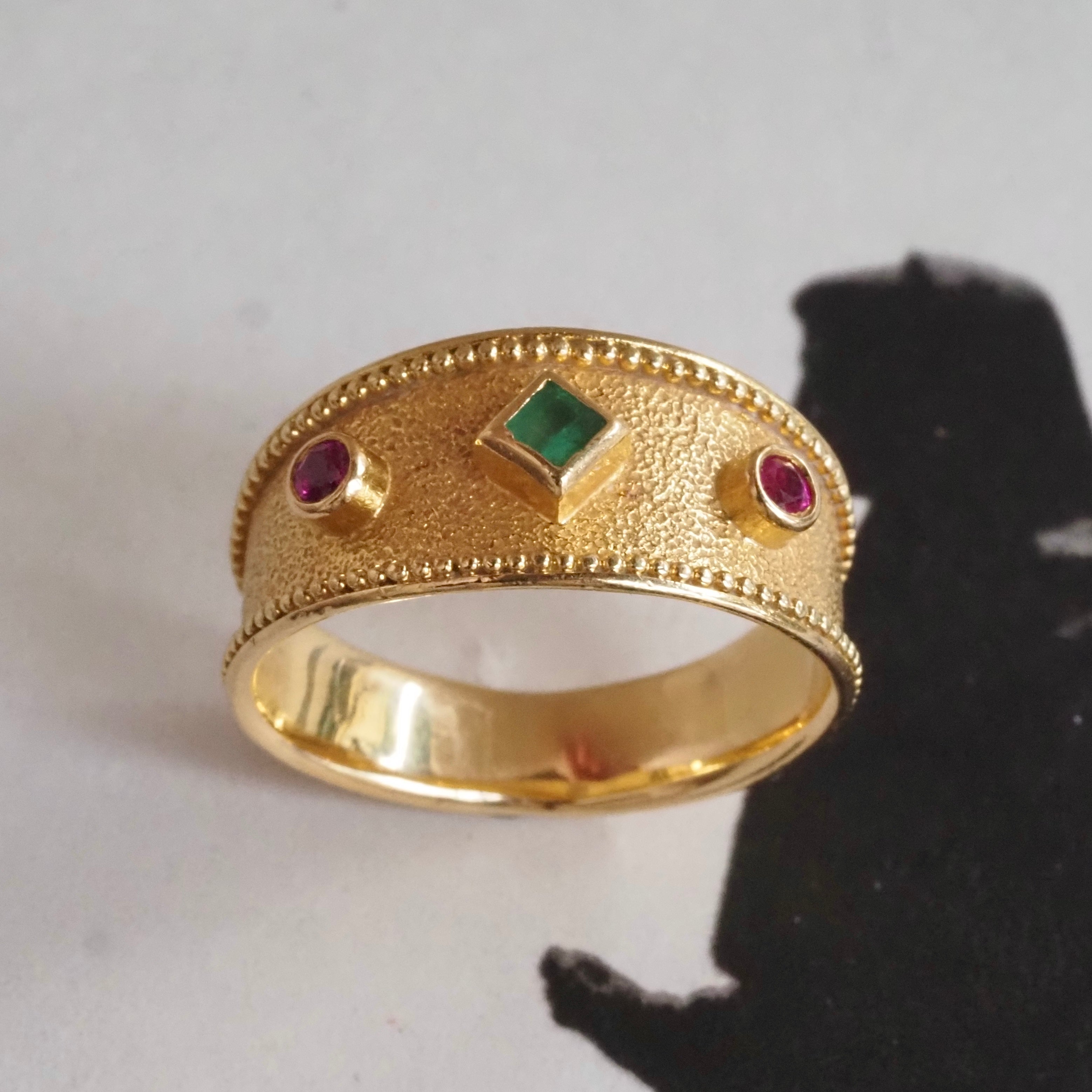 Vintage Ancient Greek Style Ruby and Emerald Tapered Band