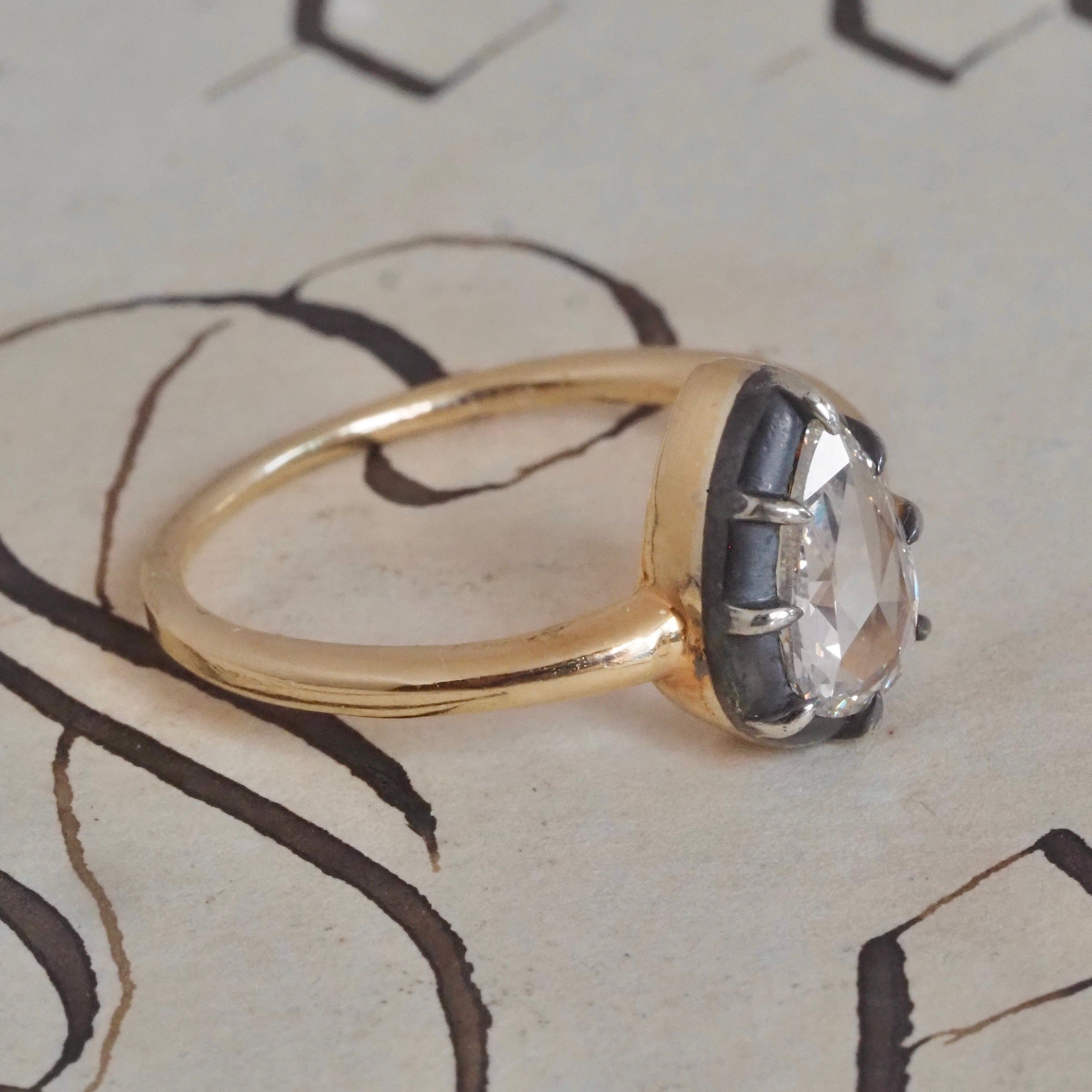 Georgian Style Pear Rose Cut Diamond 14k Gold and Sterling Silver Solitaire Engagement Ring