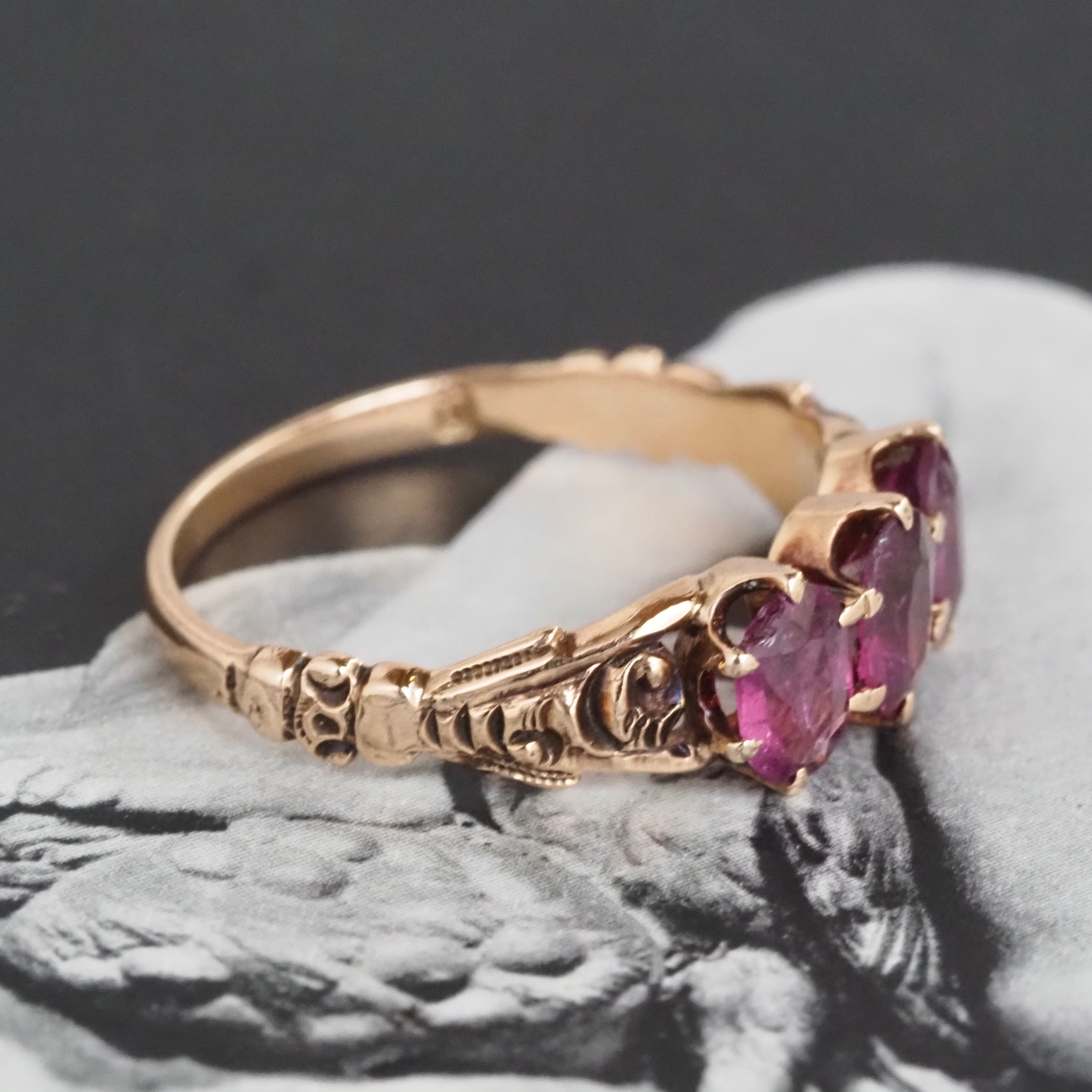 Antique Victorian Rubellite Tourmaline Trilogy 10k Gold Ring