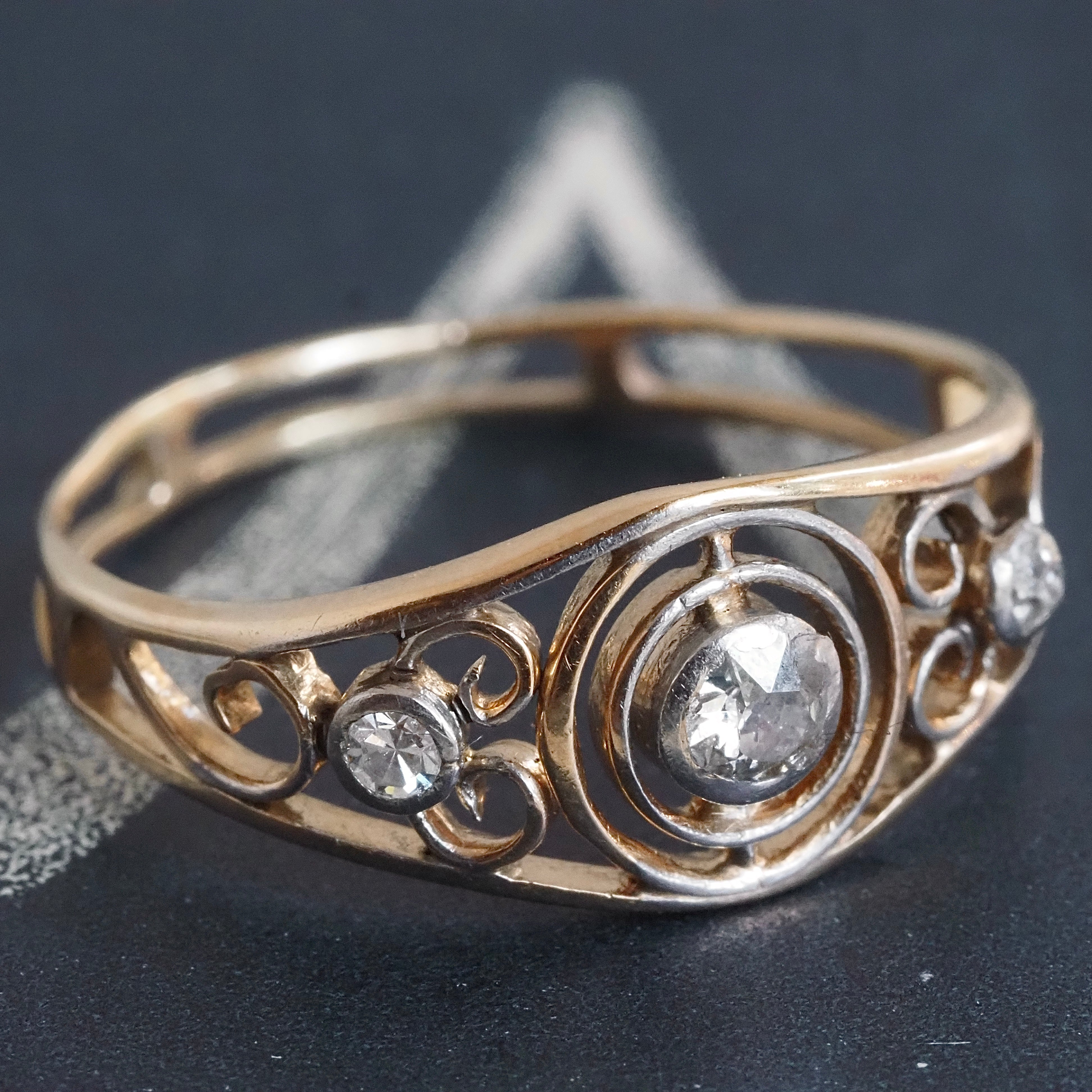 Antique Art Nouveau 14k Gold Diamond Scroll Ring
