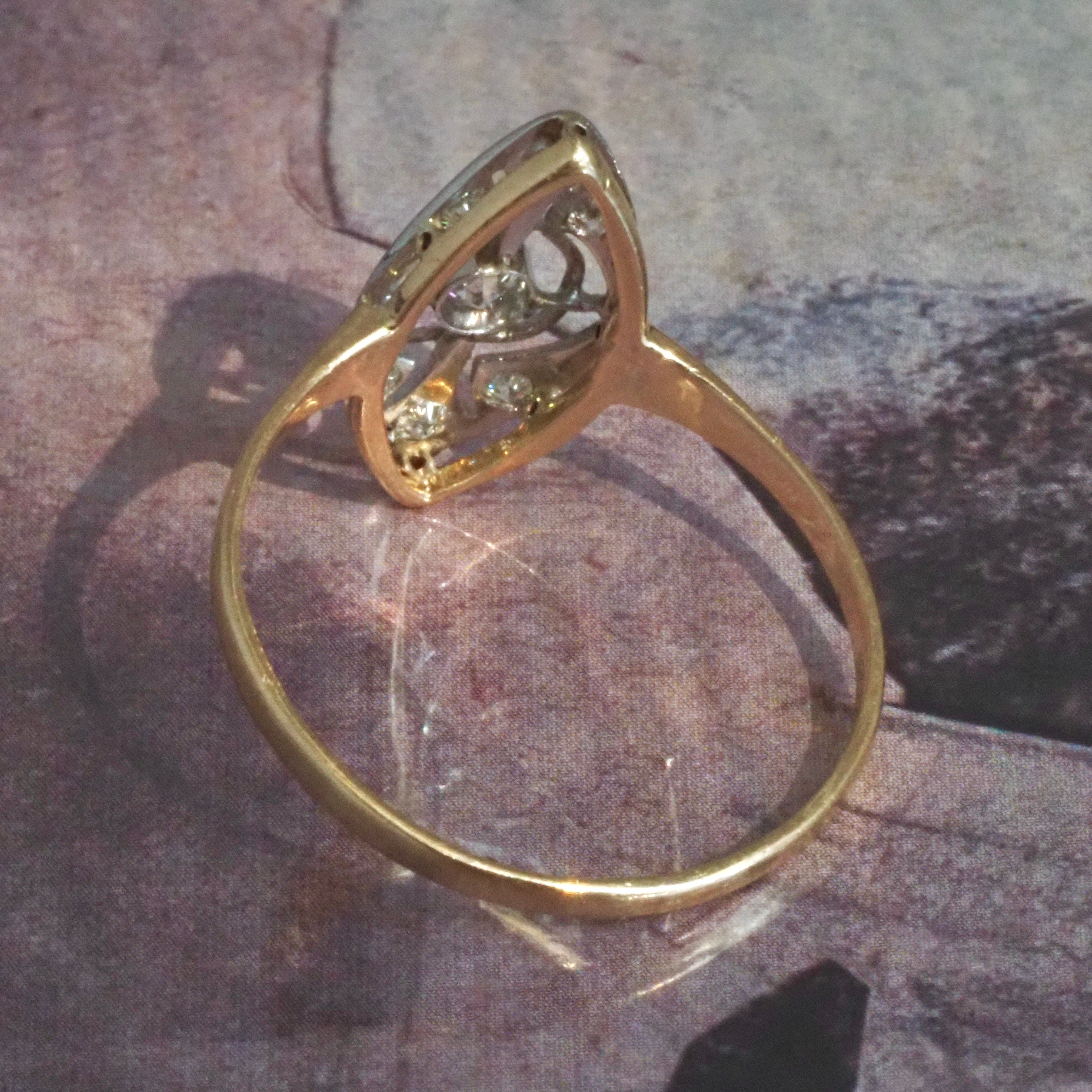 Antique Late Edwardian Navette Diamond Platinum 14k Gold Ring