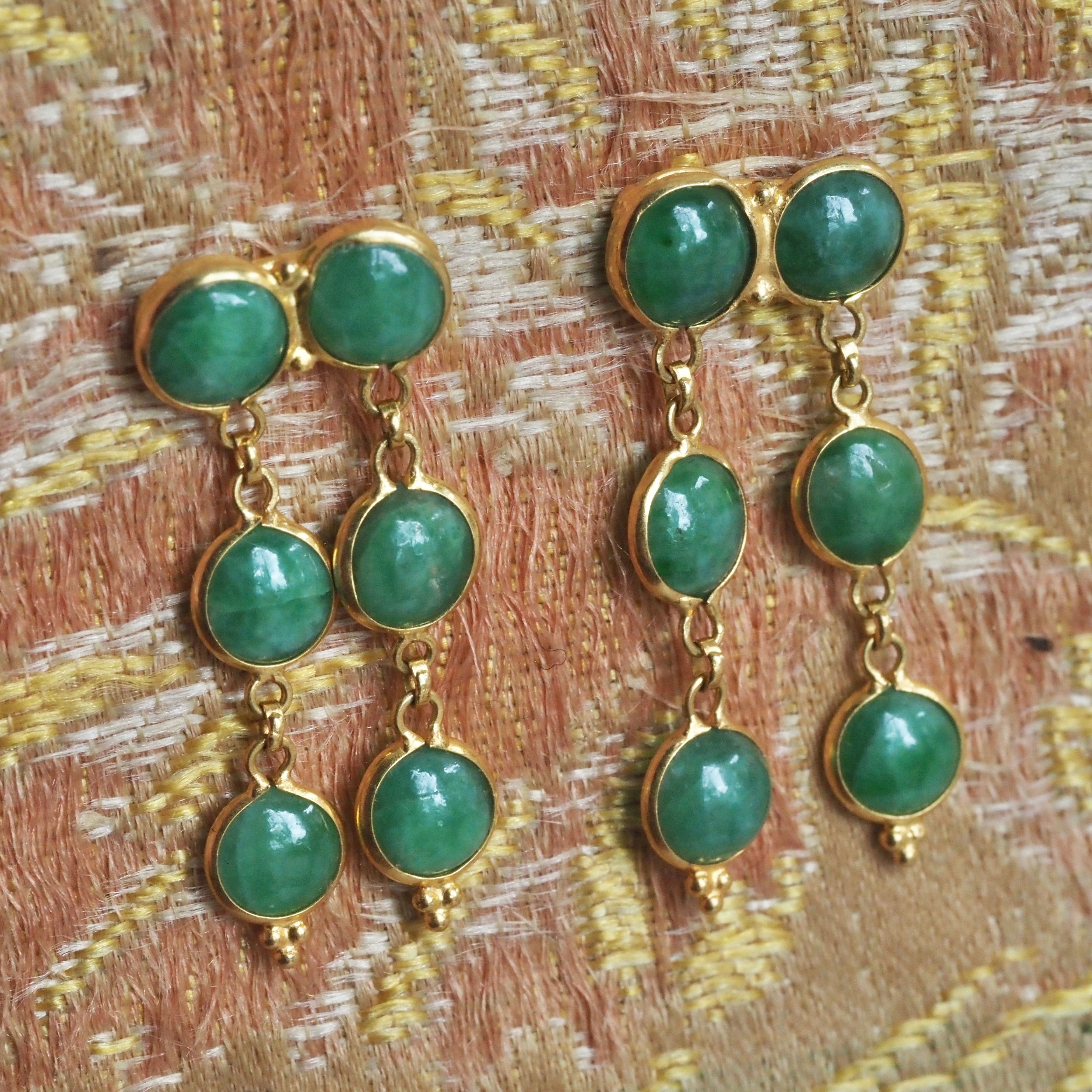 Vintage Ancient Style 22k Gold Jade Double Drop Earrings