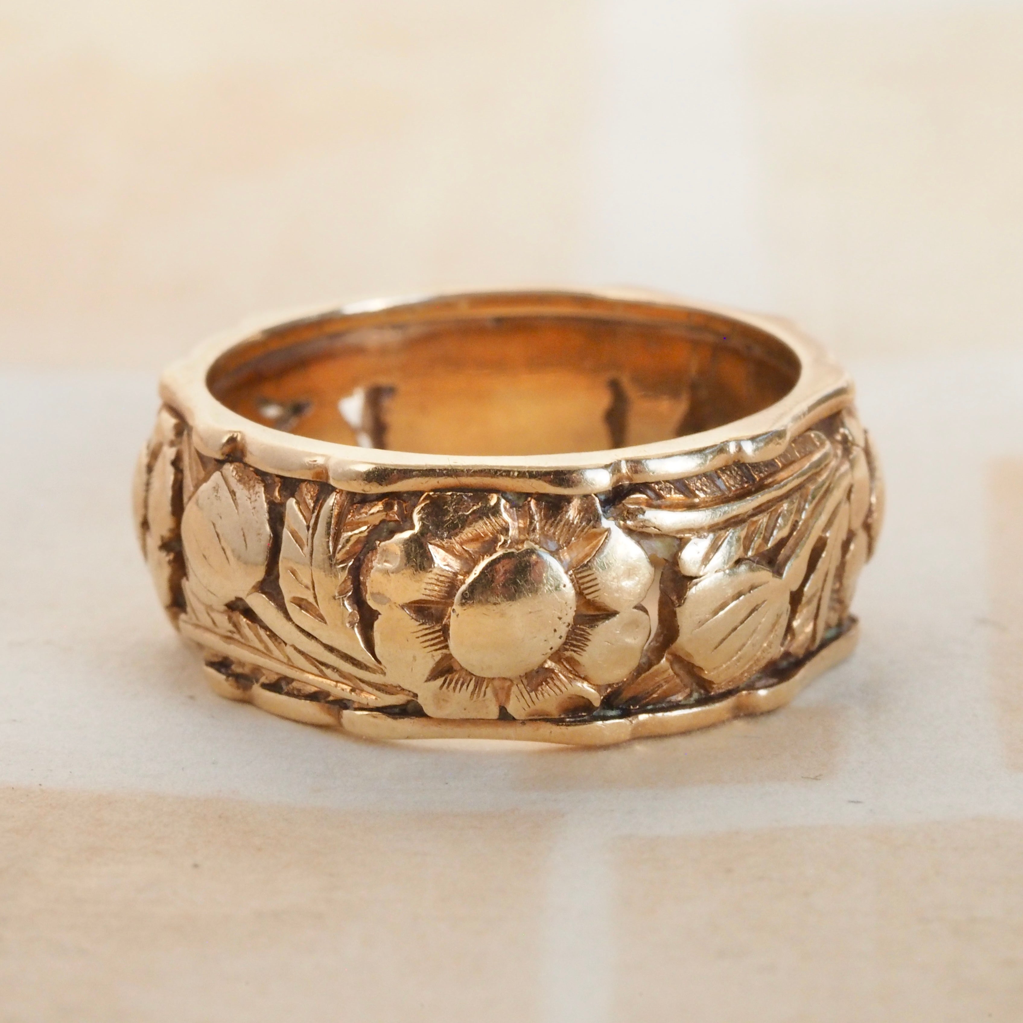 Antique Edwardian 14k Gold Floral Wide Band