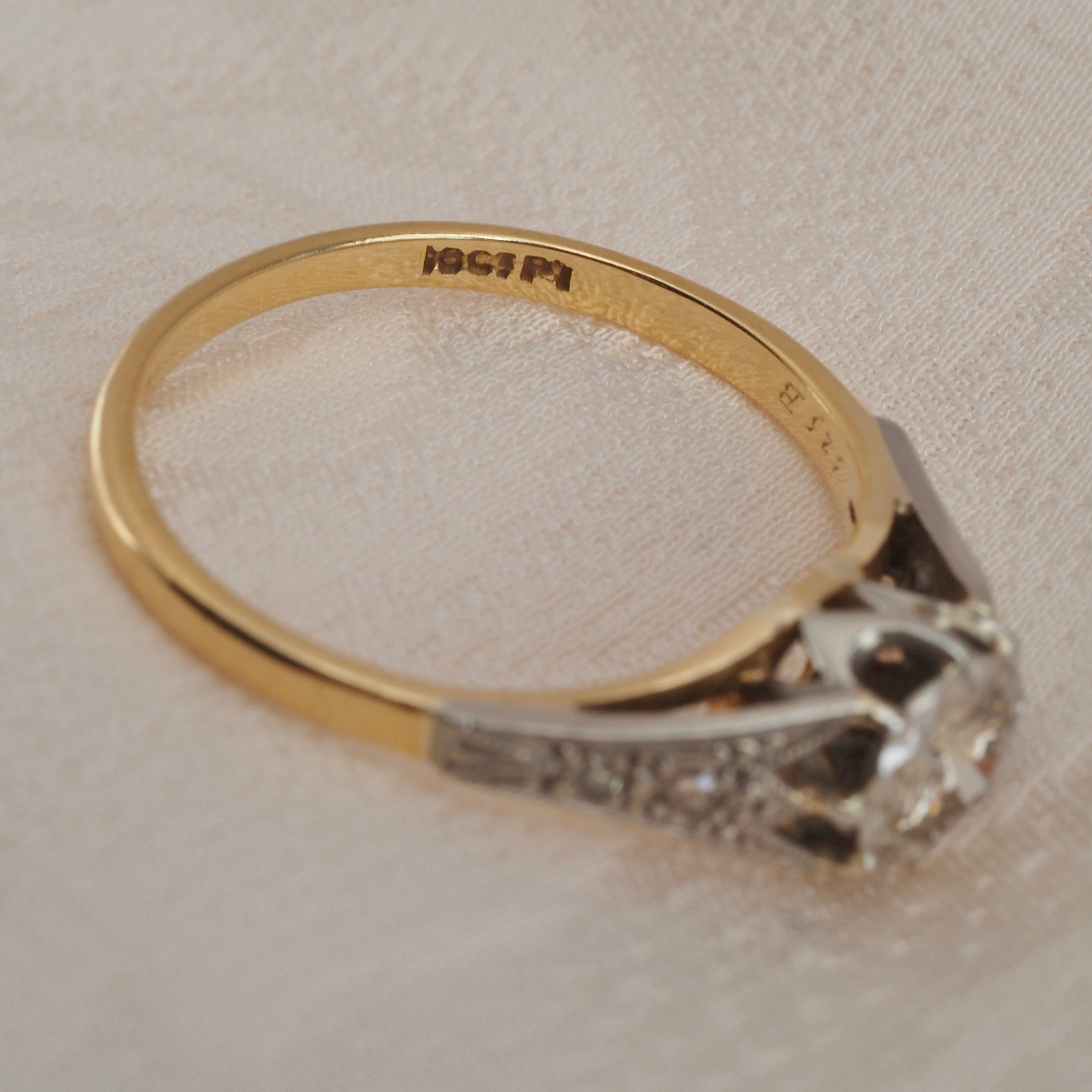 Antique Edwardian 18k White and Yellow Gold Transitional Cut Diamond Solitaire Engagement Ring