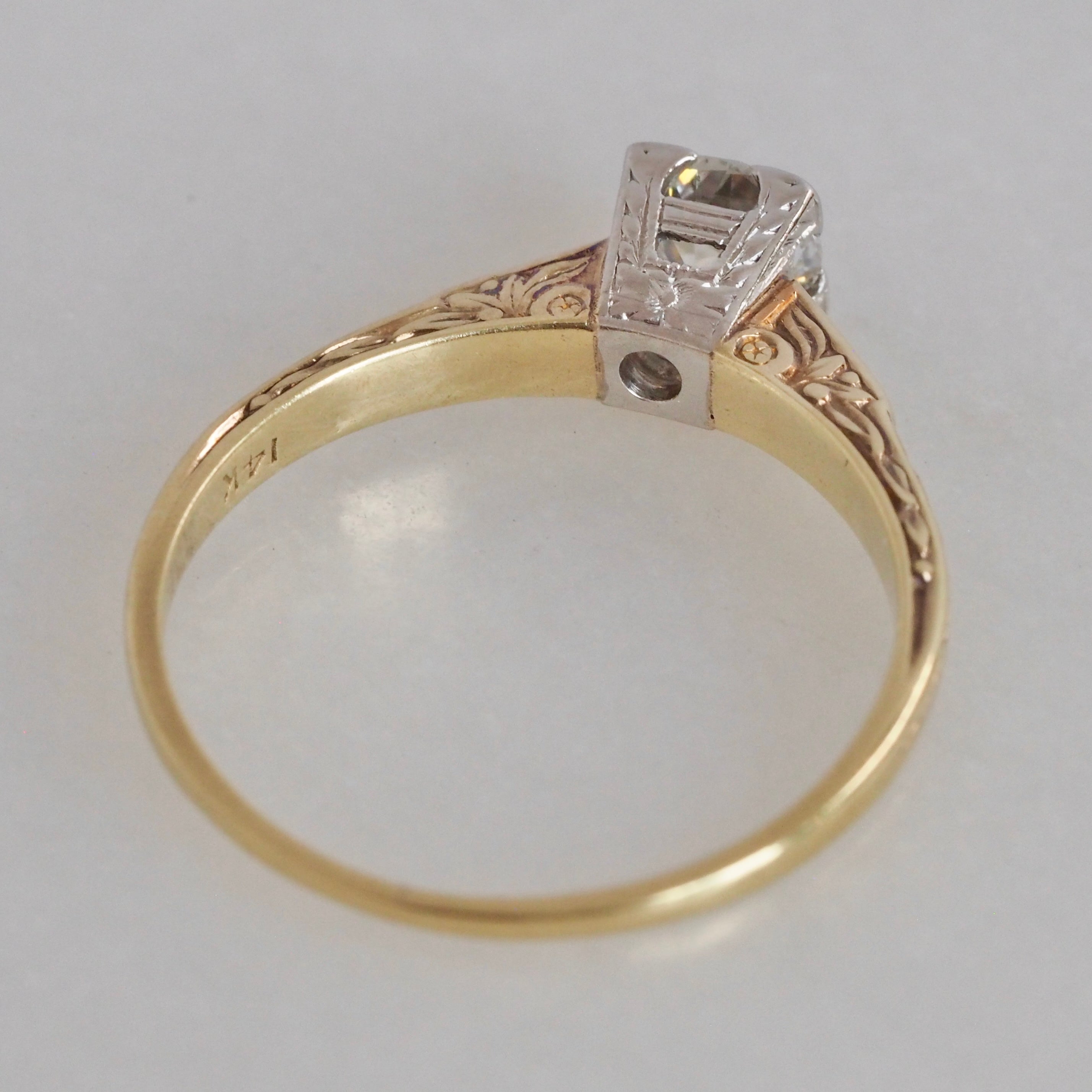 Art Deco 14k White and Yellow Gold Old European Cut Diamond Engagement Ring