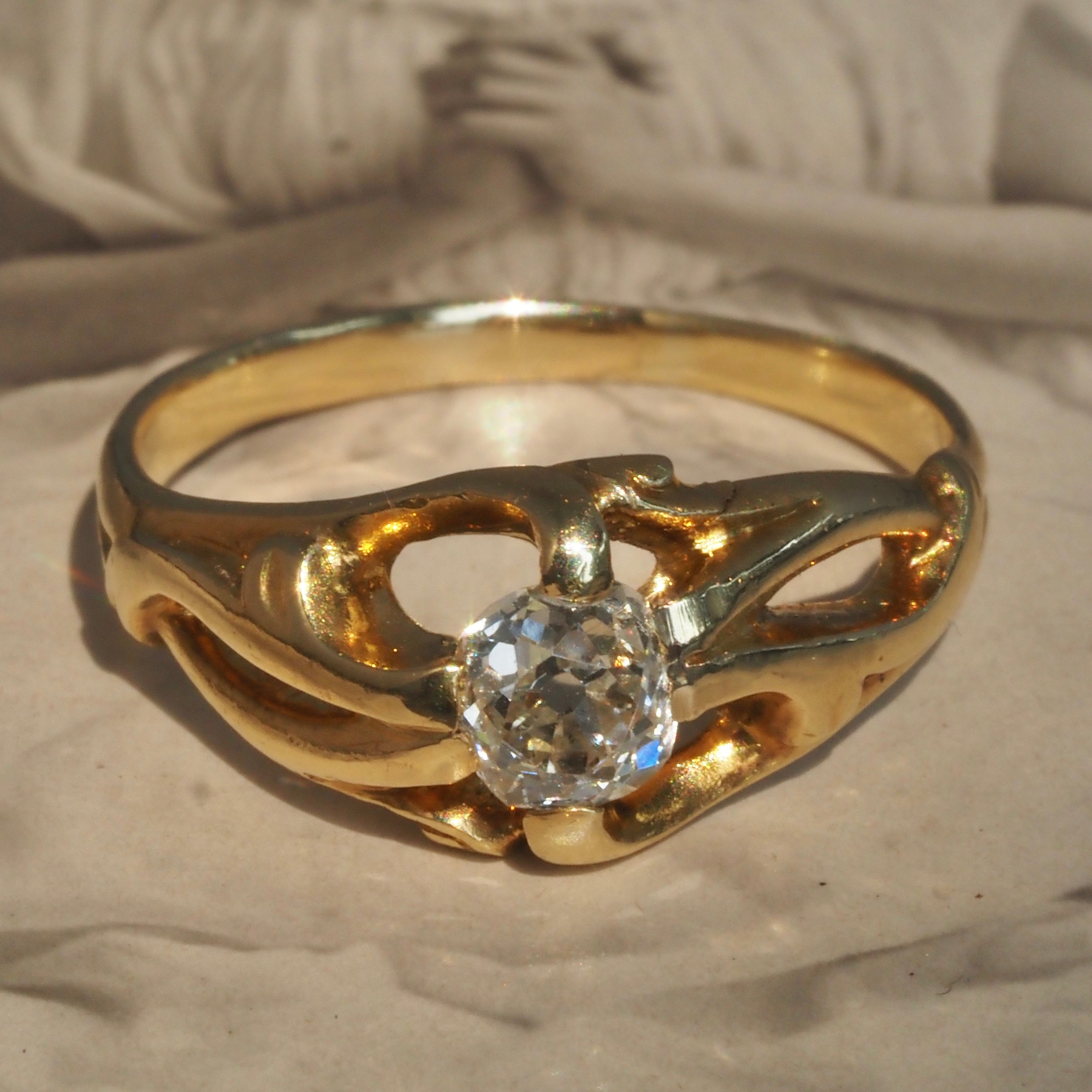 Antique French Art Nouveau Old Mine Cut Diamond 18k Gold Belcher Engagement Ring