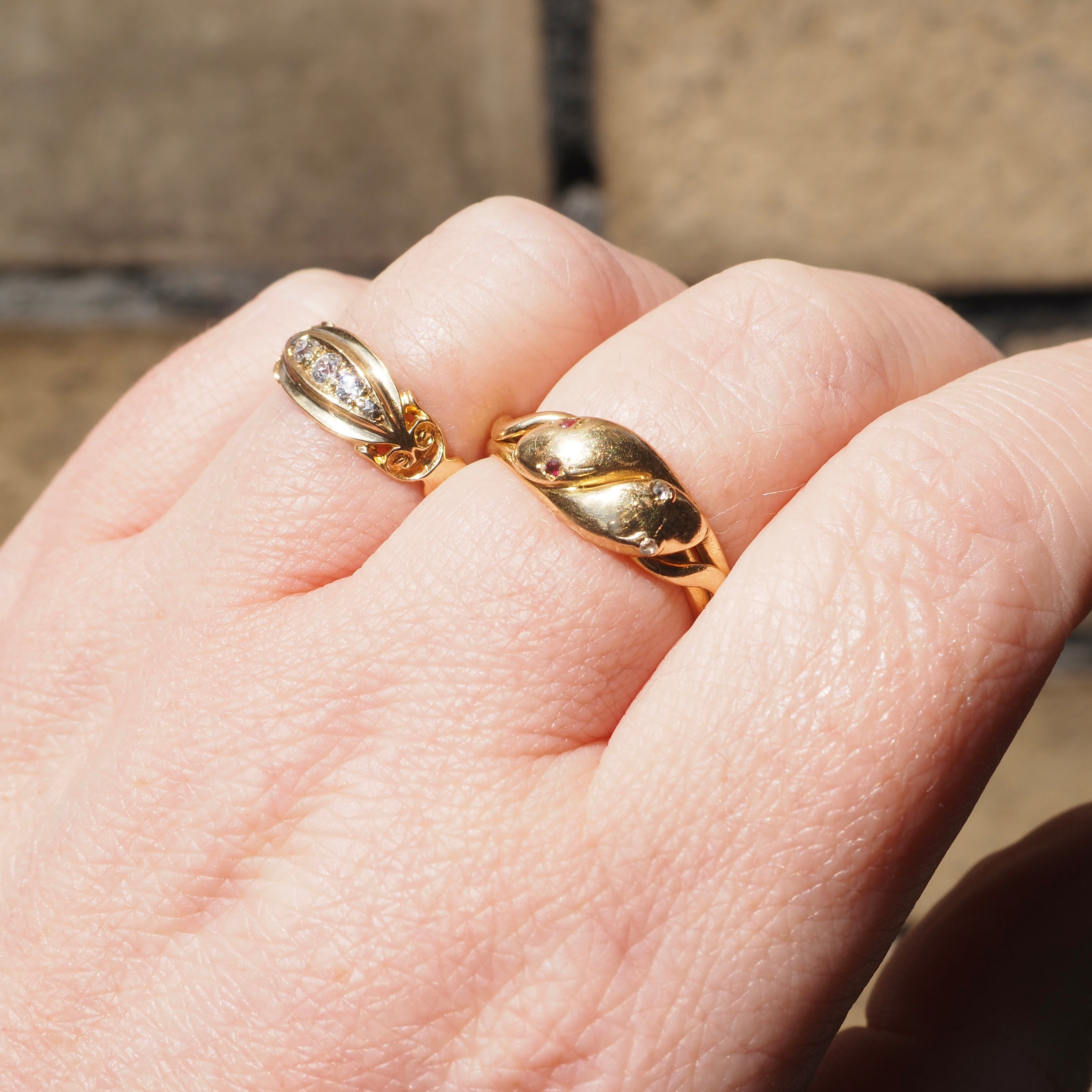 Antique c. 1891 English Double Snake Ruby and Diamond 18k Gold Ring