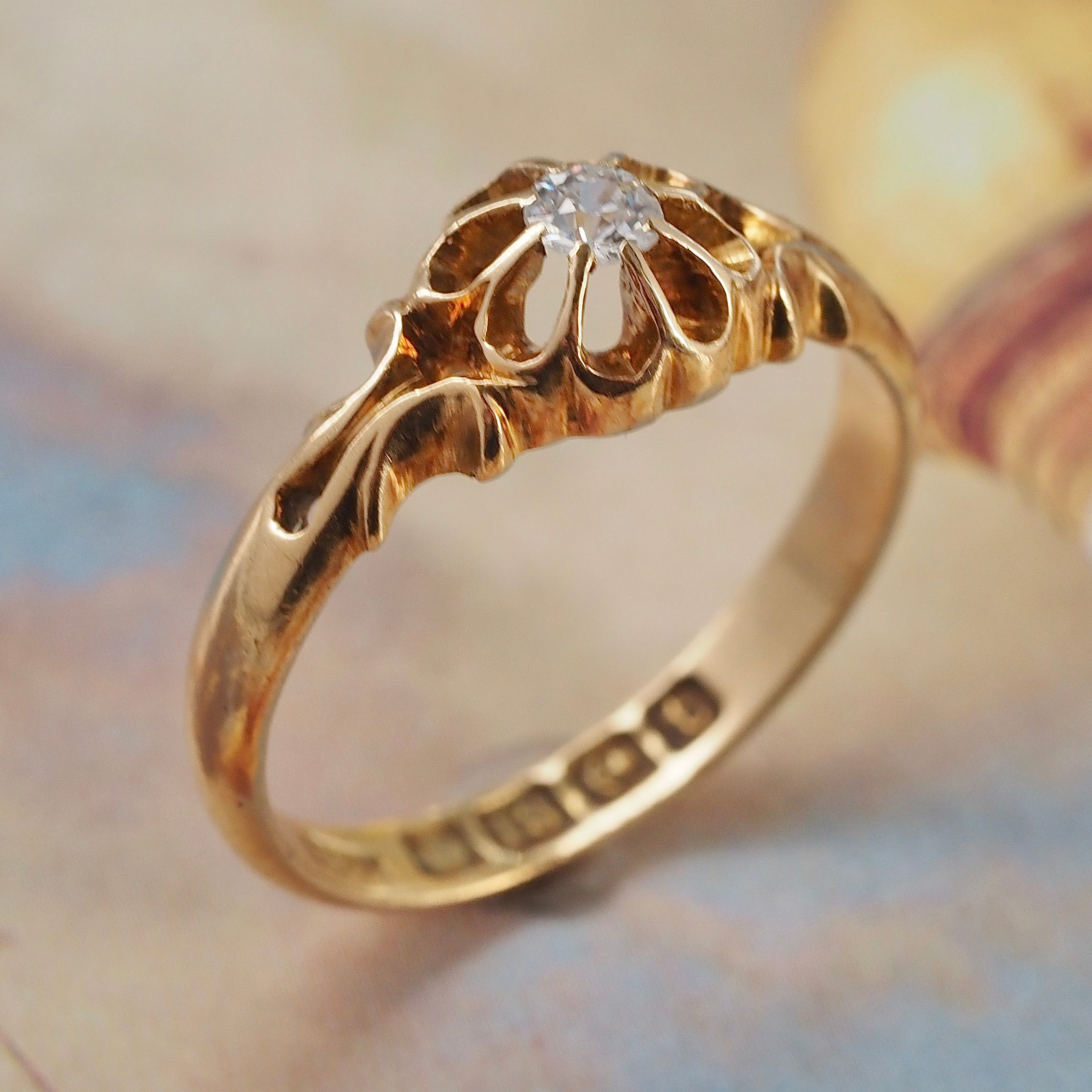 Antique English c. 1918 Old Mine Cut Diamond Belcher Set 18k Gold Engagement Ring