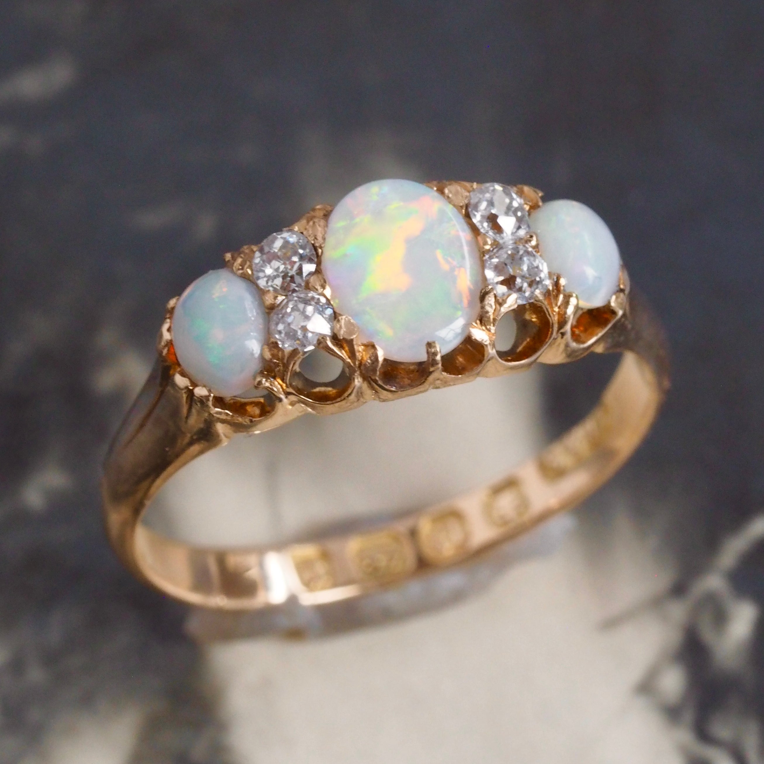 Antique Victorian c. 1890 18k Gold Opal and Old Mine Cut Diamond Ring