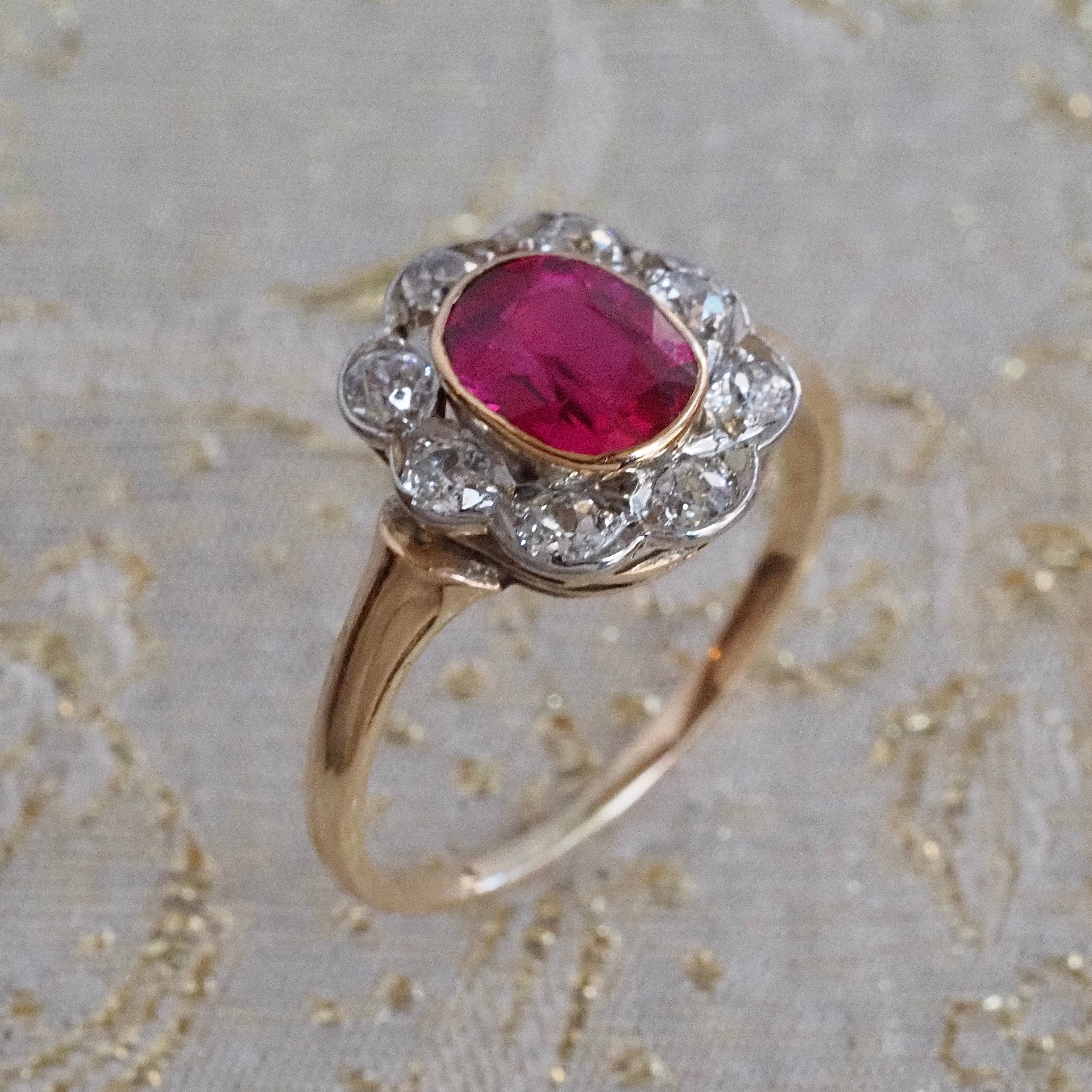 Antique Ruby and Old Mine Cut Diamond Flower 14k Gold Ring