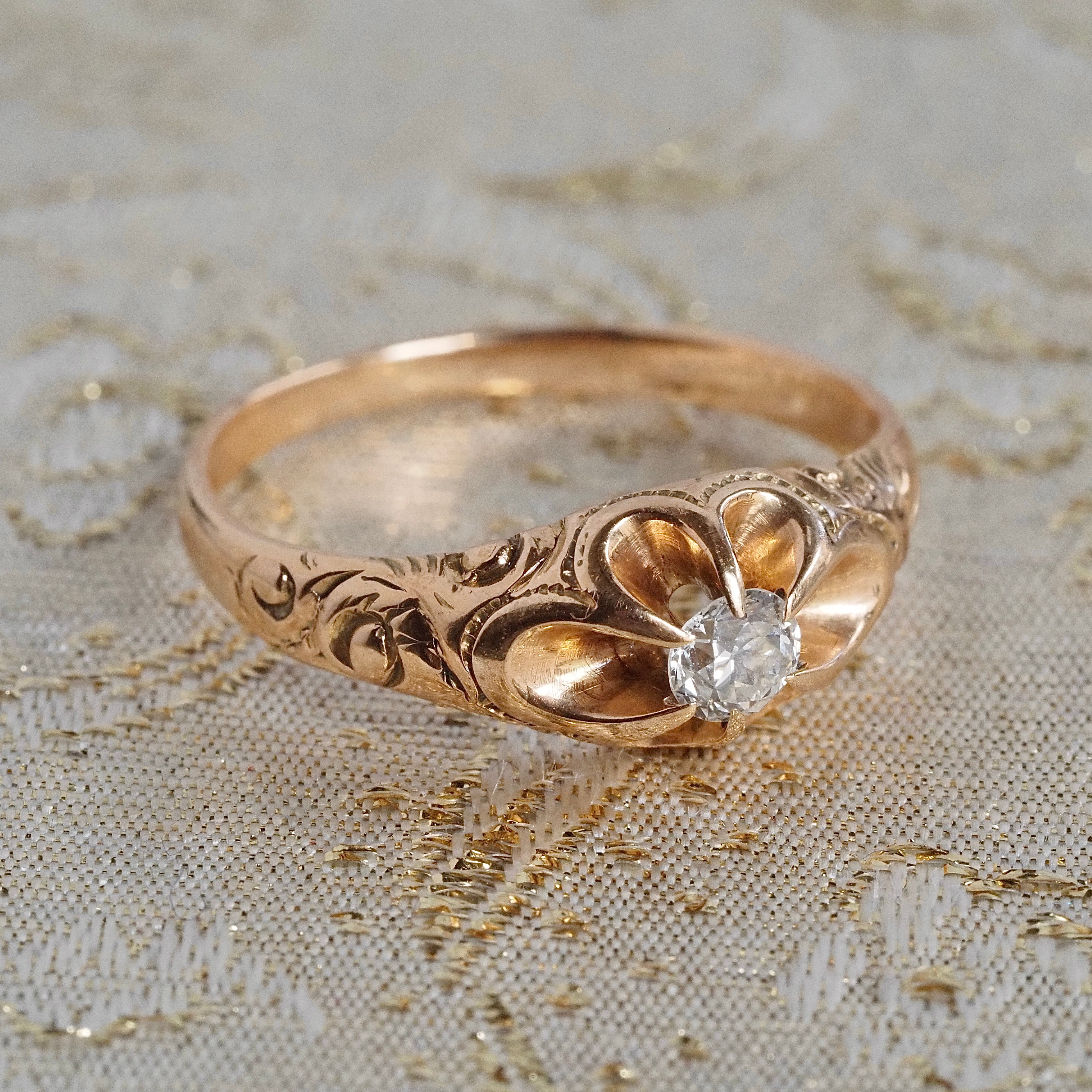 Antique Old European Cut Diamond 14k Gold Engraved Belcher Set Engagement Ring